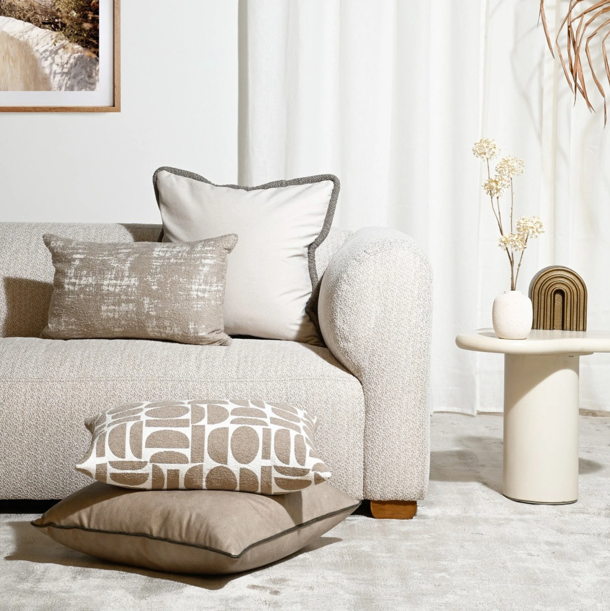 From Darcy &amp; Duke 🌾 Dune layers natural sandy tones with depth and warmth. Thoughtfully designed textures, finishes, and patterns come together to create a soothing collection of cushions that blend effortlessly. Explore surprises like felt, vin