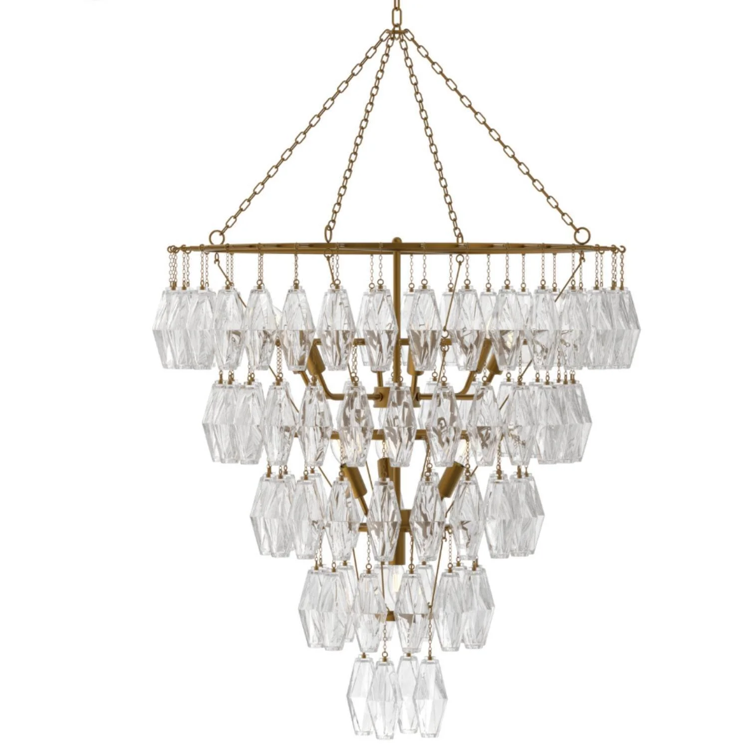 A graceful take on classical design, the Satine Chandelier exudes timeless sophistication. Crafted from a series of glass bipyramids that delicately refract the light, its antique brass frame adds a refined warmth, blending old-world elegance with co