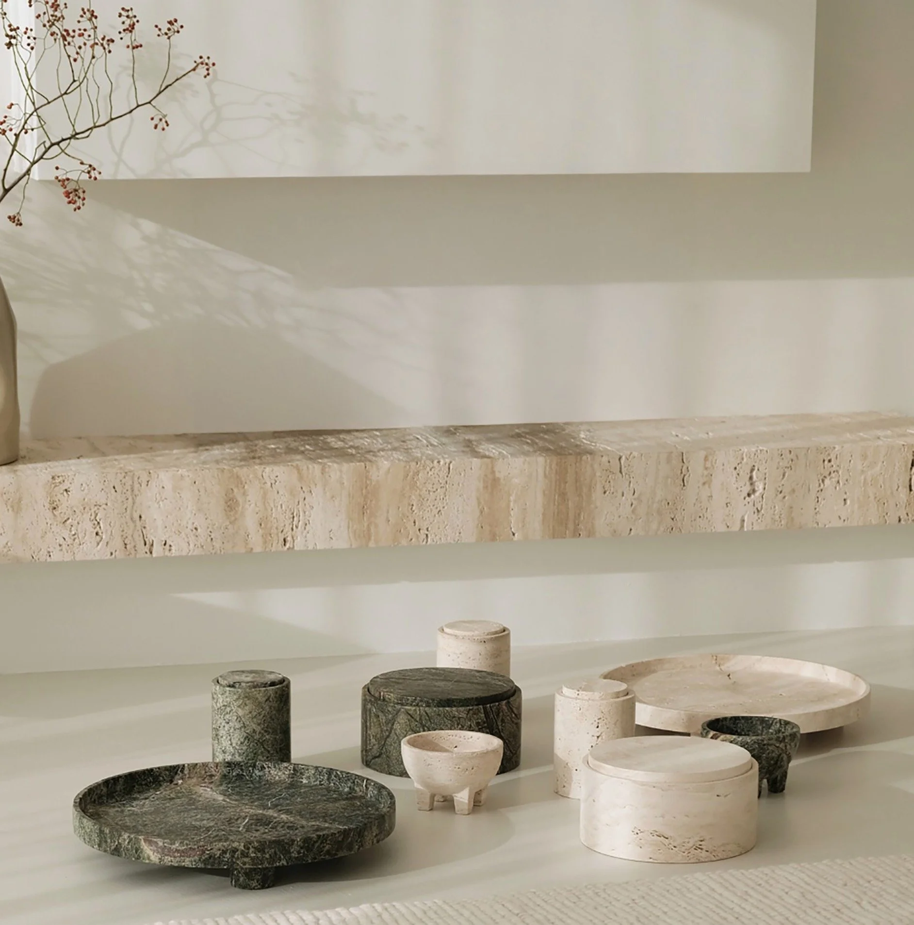 Darcy and Duke presents the Namib collection &mdash; a series of beautifully crafted vessels made from solid travertine and green marble. 
These sculptural pieces are designed to add depth, texture, and a striking contrast to any space.
Discover more