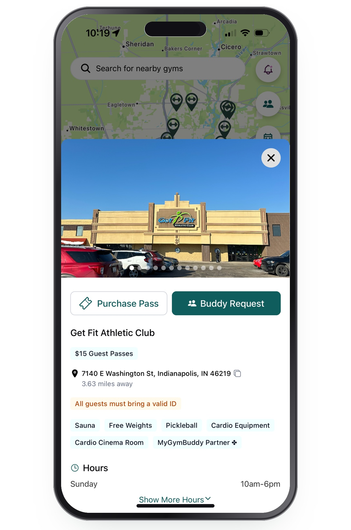 Mobile app screen showing a map with gym locations and a photo of Get Fit Athletic Club with parking lot in front, along with options to purchase guest passes and request buddy passes, and details about the gym's address and hours.