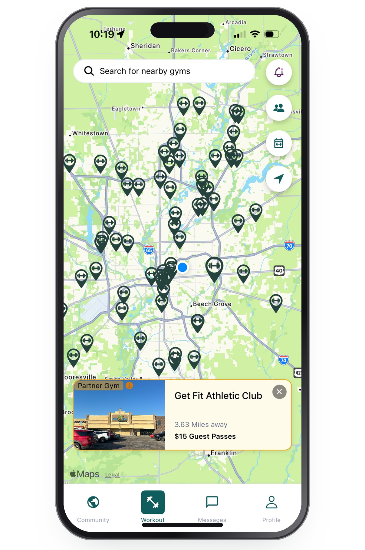 A smartphone screen displaying a map of a city with gym locations marked by pins. There are icons on the right for notifications, community, calendar, and navigation. A search bar at the top says 'Search for nearby gyms.' An ad for a gym called 'Get Fit Athletic Club' is visible at the bottom with a picture of the gym's entrance, located 3.63 miles away, with $15 guest passes.