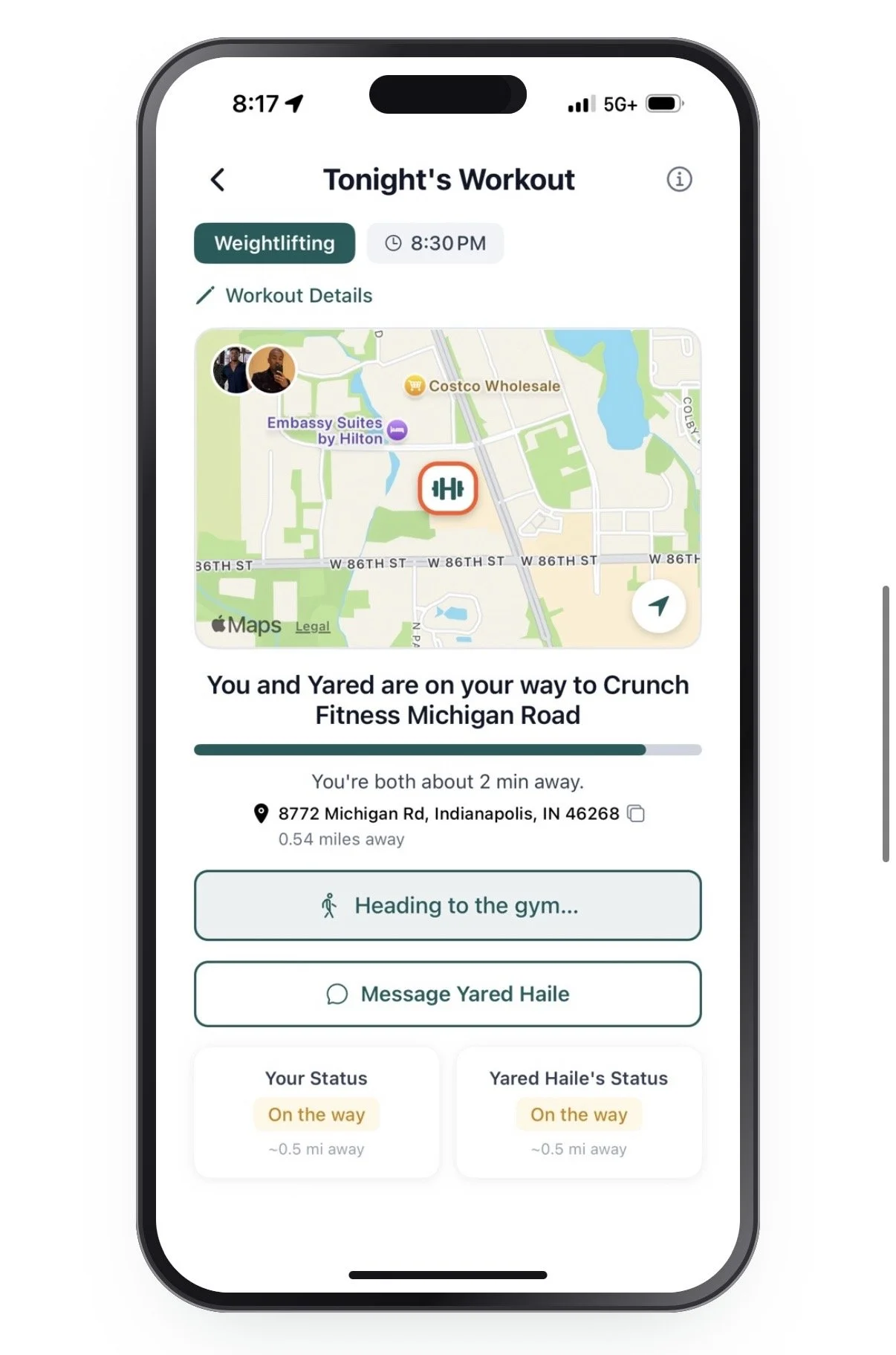 Smartphone screen showing a workout app with a map, workout details, and status updates for a weightlifting session.