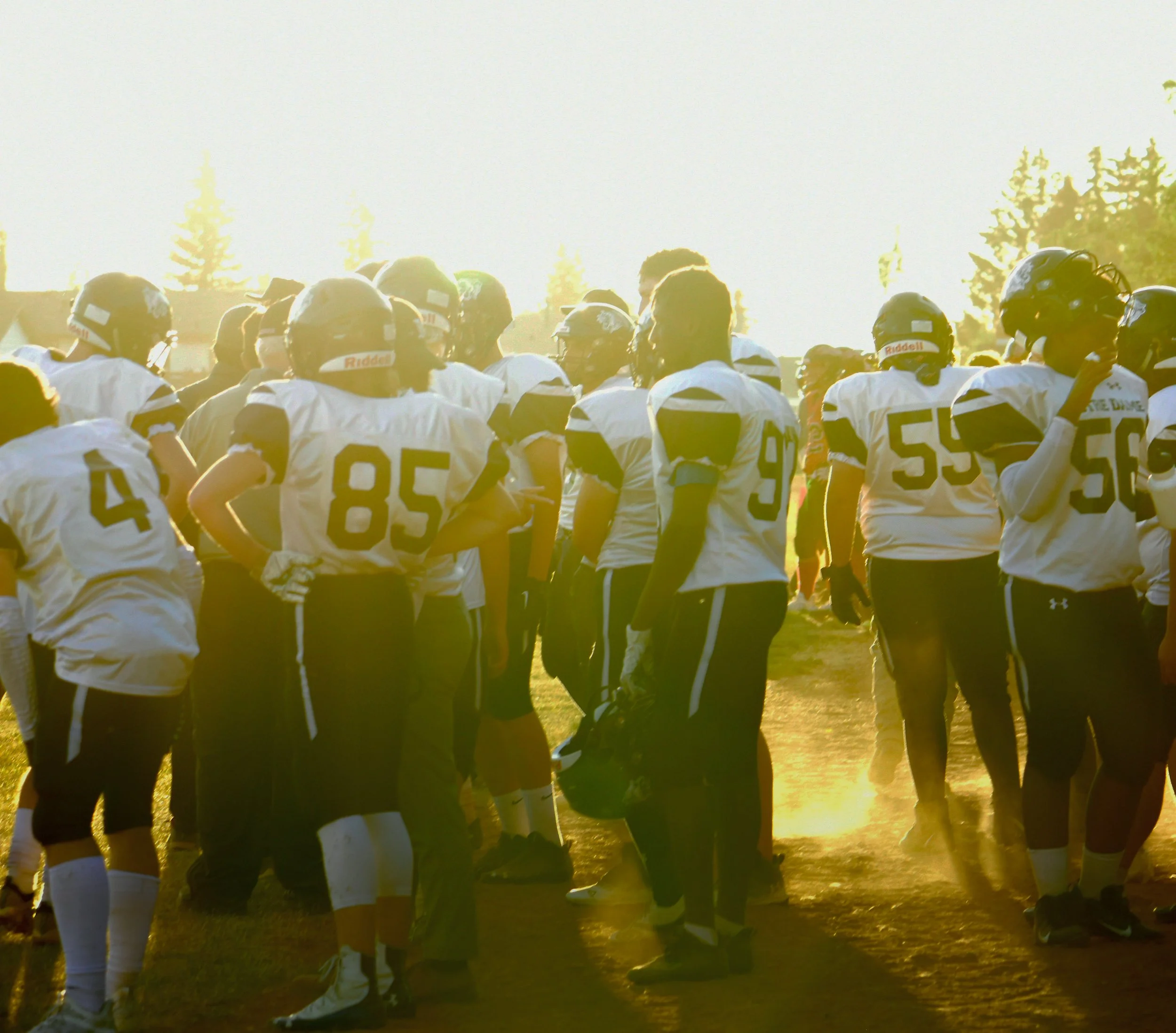 Football players in white jerseys and black pants gathered on a field during sunset, with trees in the background.