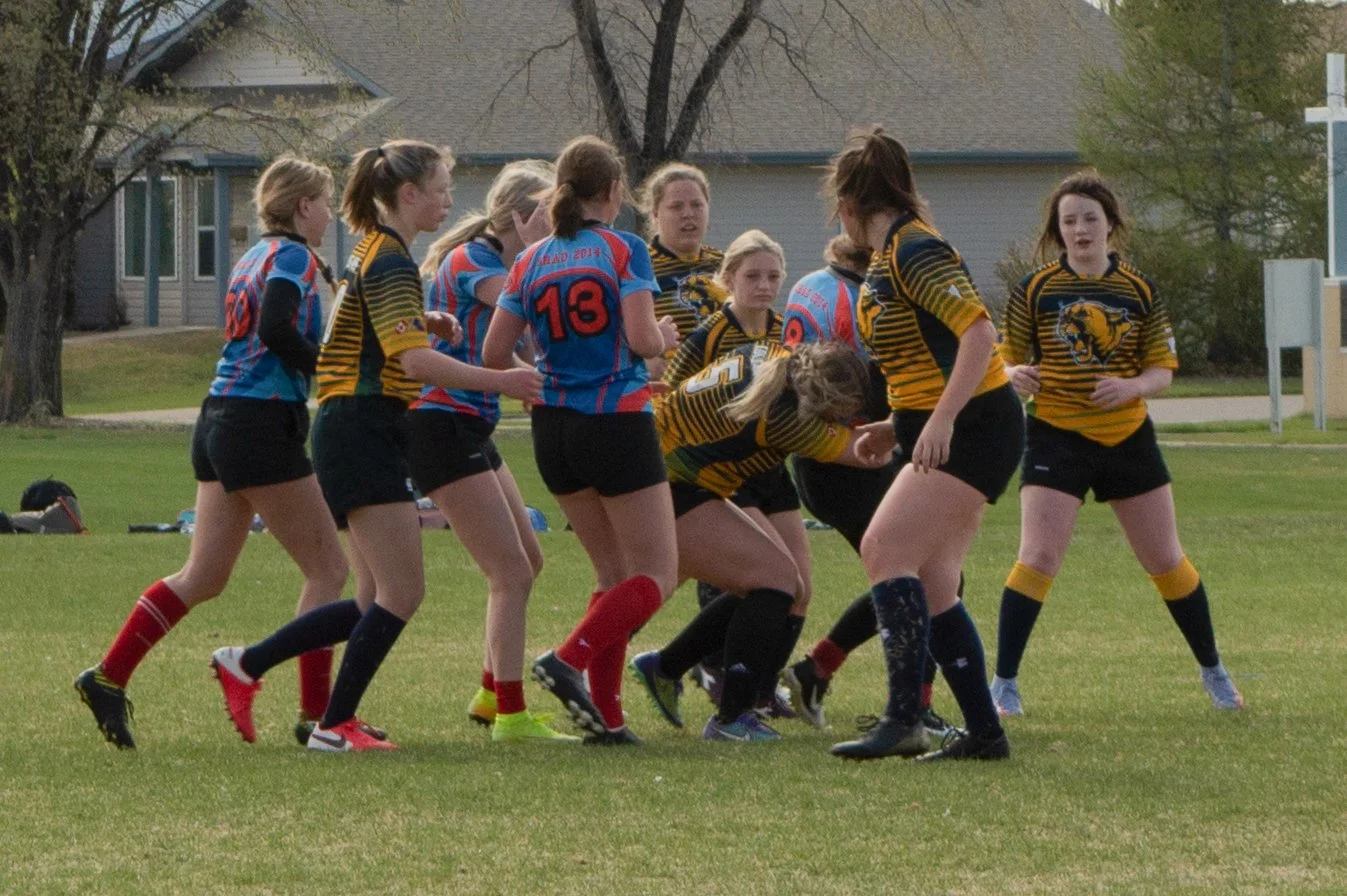 Girls playing rugby on a grassy field, some wearing blue jerseys and others in yellow and black striped jerseys.