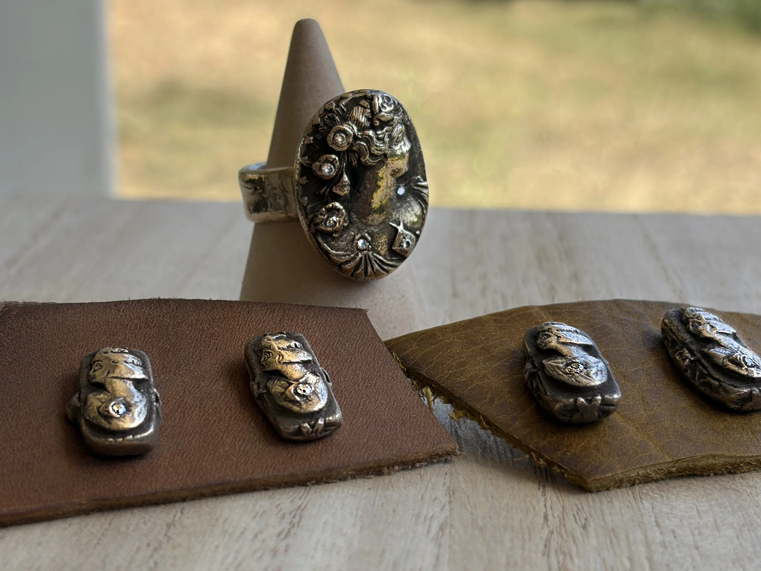 cameo-ring-stud-earrings-bronze-white-gemstones-display-front-birdley-studio.jpg