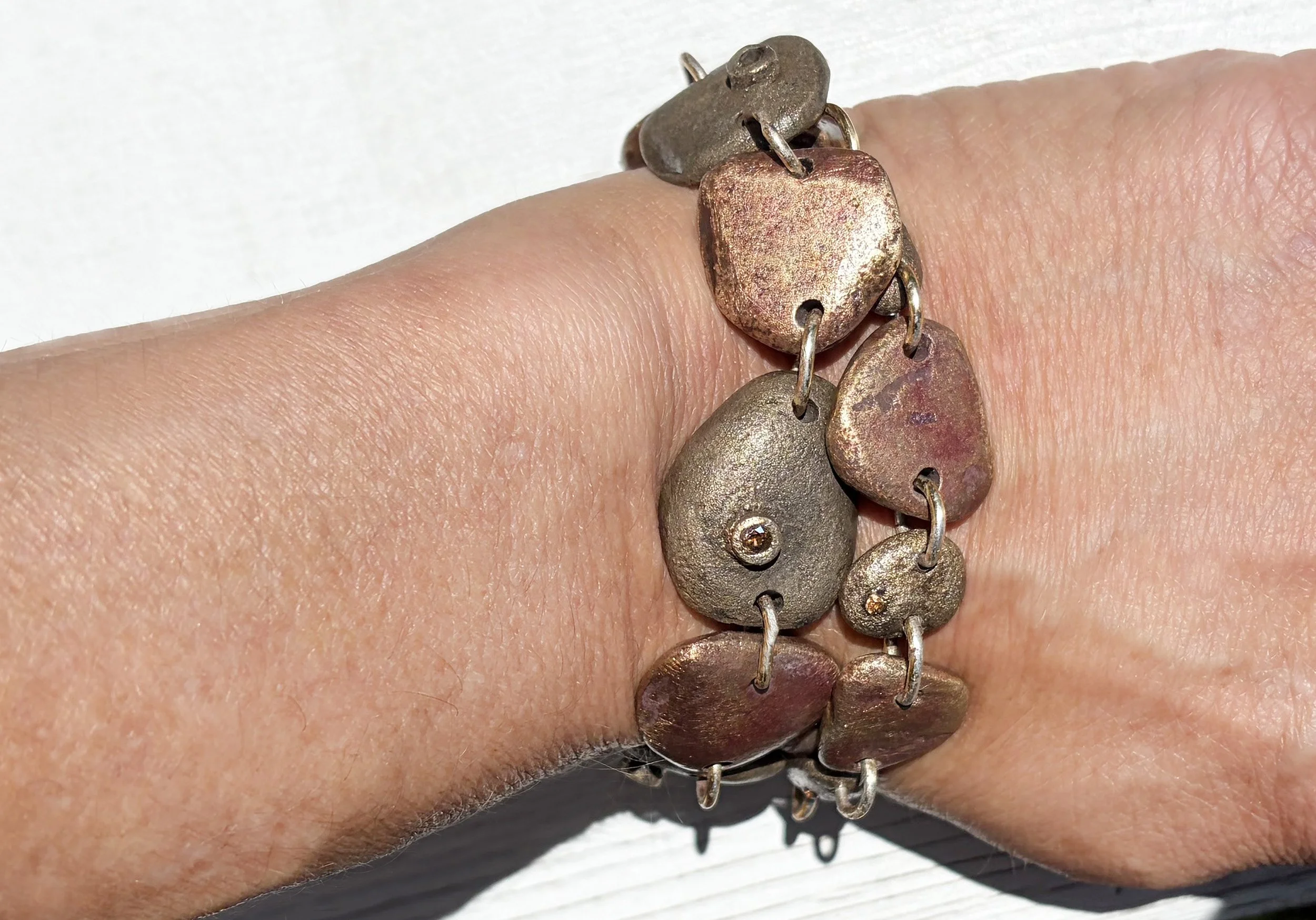 Double Bracelet: Harmony Collection "Wisdom" River Stones in Yellow and White Bronze, Champagne Gems, Warm Tones