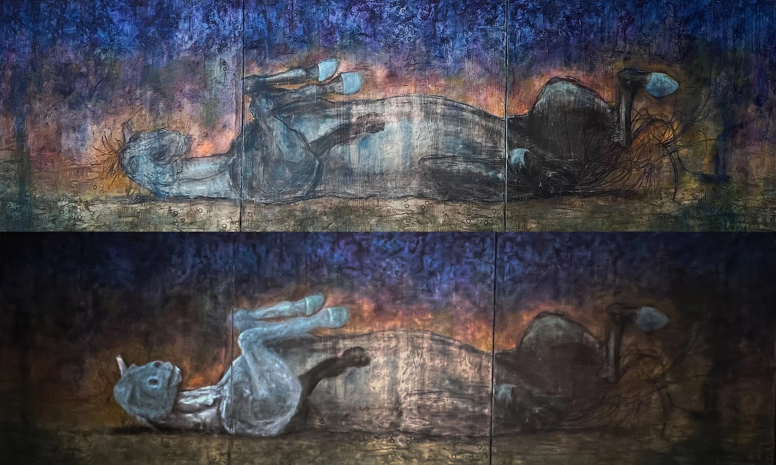 More stages of thin layers and then heavier, painterly daubs of white highlights for a stylized moonlit subject. This layering exploration is time consuming and not always a straight line to the finish. Hence, still an ongoing work in progress.