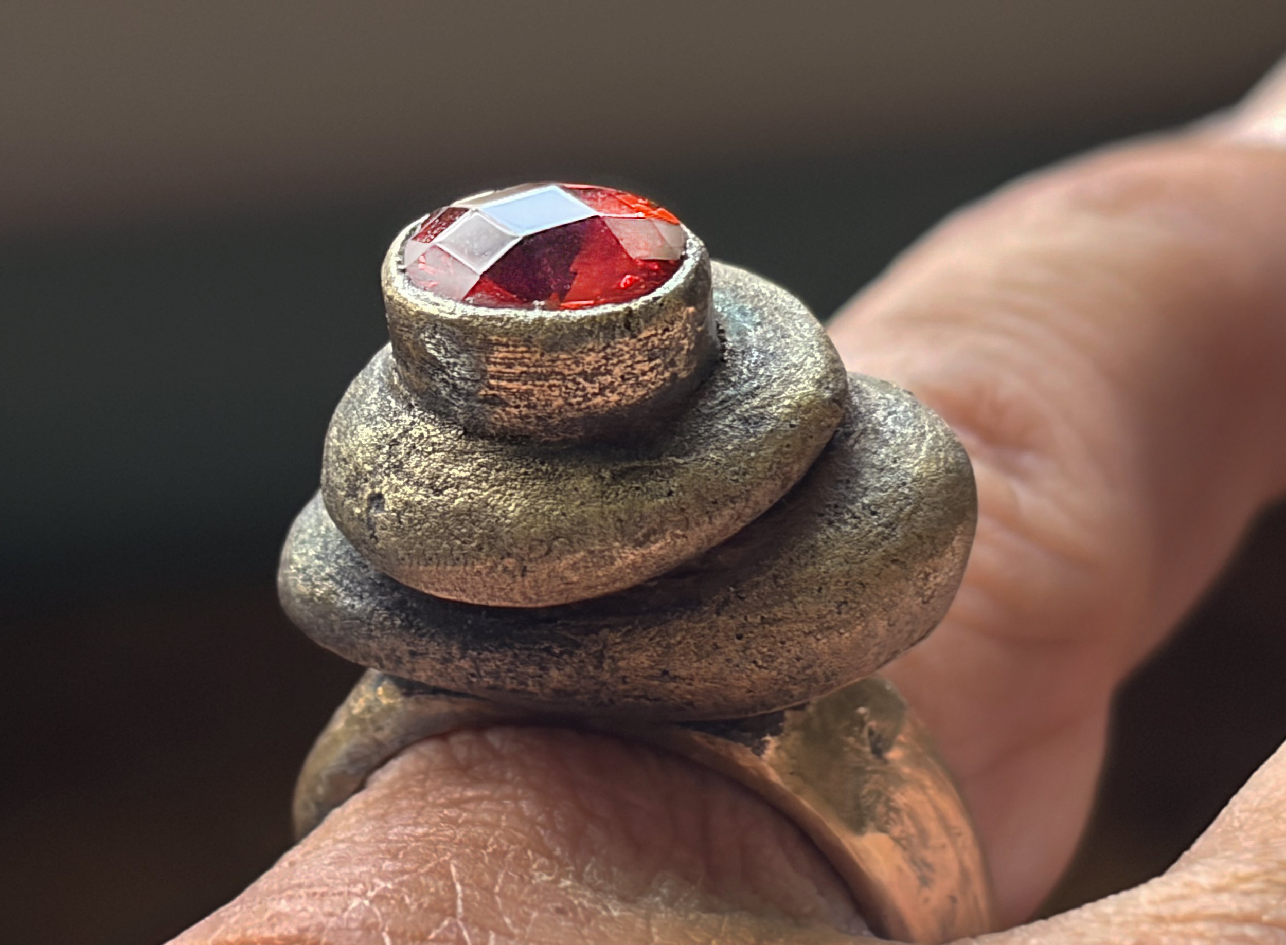 Ring: Harmony Collection "Balance" Stacked Stone Cairn, Custom Made to Size, Bronze with Fiery Gemstone