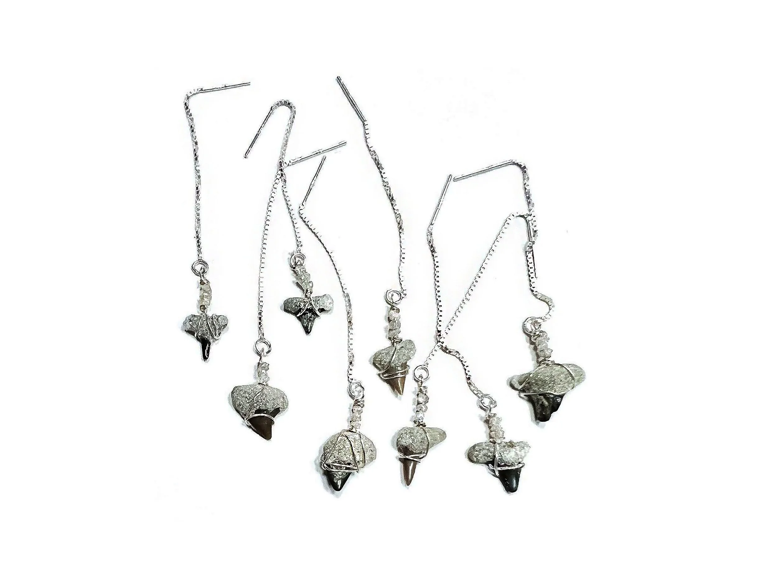 Threader Earrings: "Beautiful Badass" Shark Teeth with Diamond, Ruby, Sapphire, Ethiopian Opal on Sterling Silver