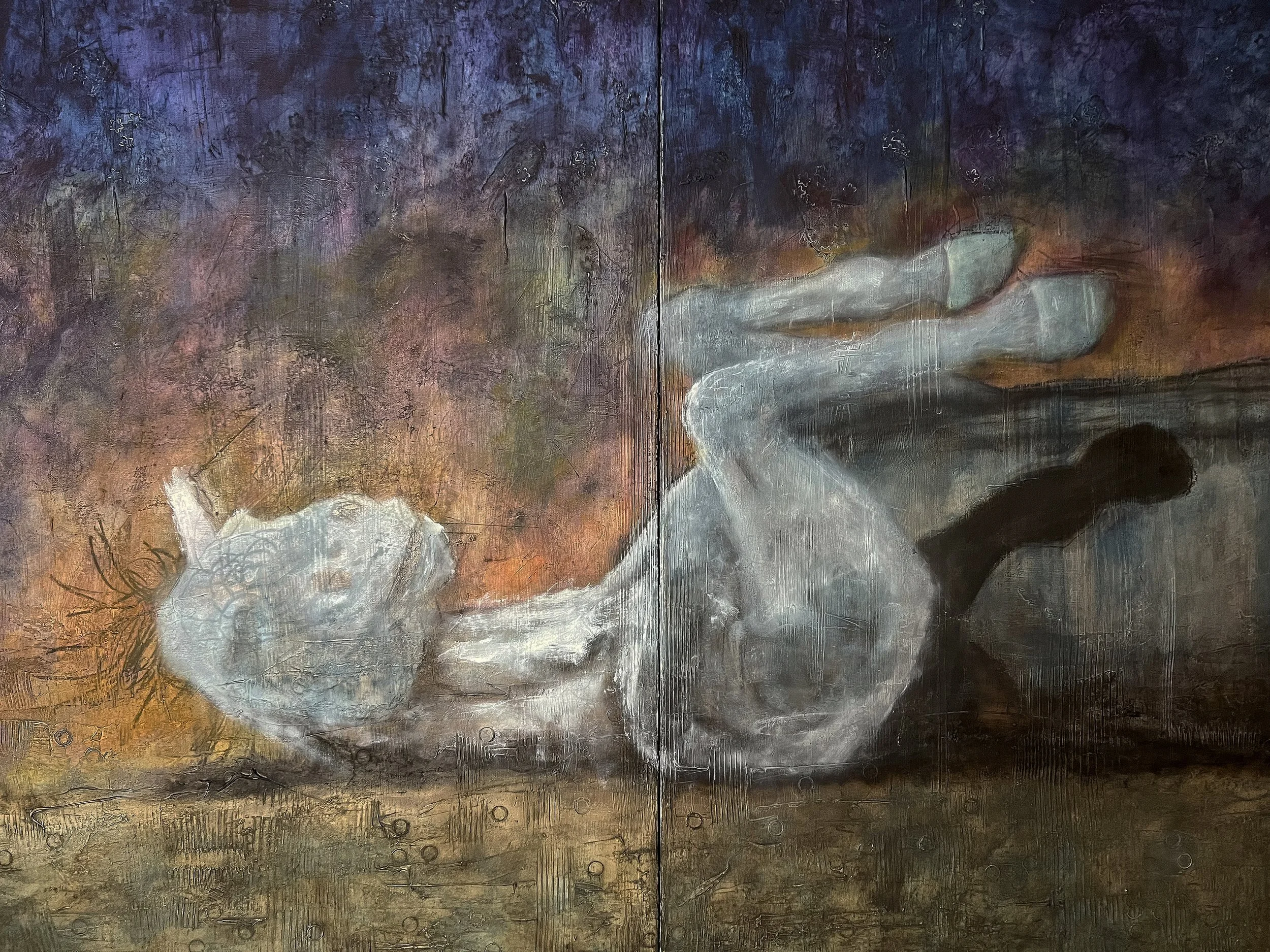 The canvases are first worked into a texture using Venetian plaster and some tools to create an interesting substrate. In this piece, I added stars in the night sky and some ground scratches, circles. Plus, I do my best to leave as much of the orig