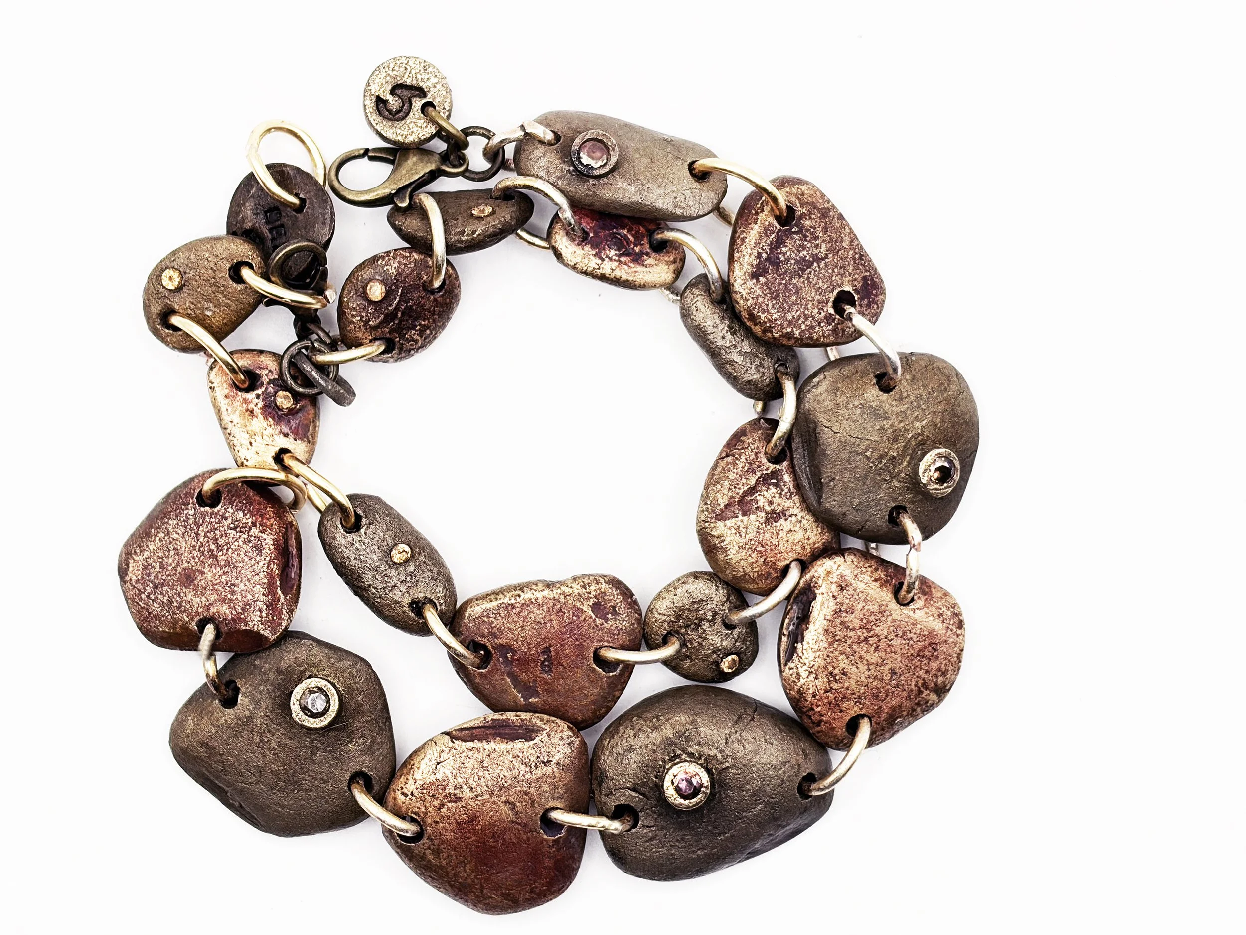 Double Bracelet: Harmony Collection "Wisdom" River Stones in Yellow and White Bronze, Champagne Gems, Warm Tones