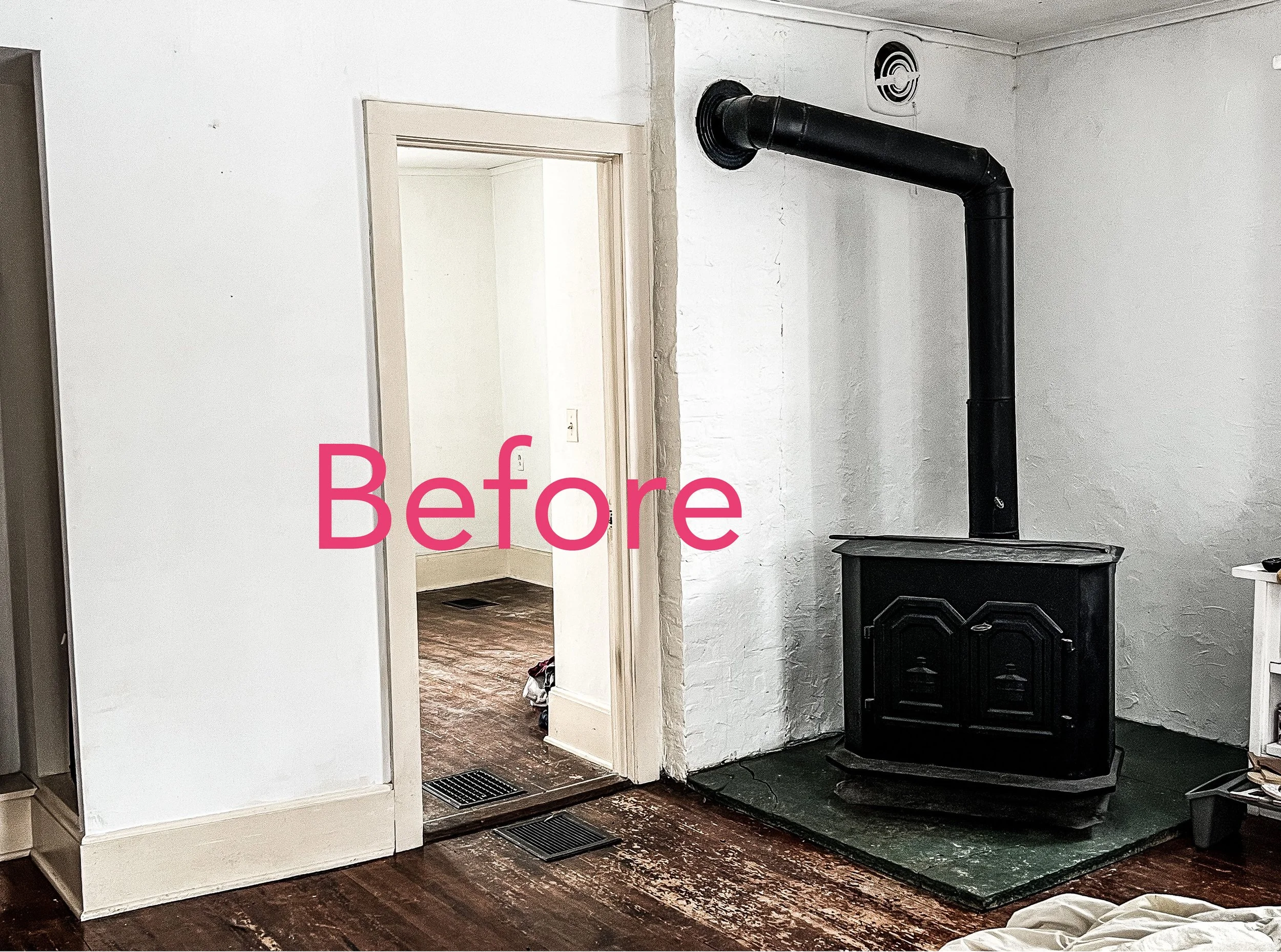 A woodburning stove in the Owner's Suite heats the guest rooms upstairs, but needs some work to become part of the room. Through the doorway is a dressing room and closet, plus bathroom.