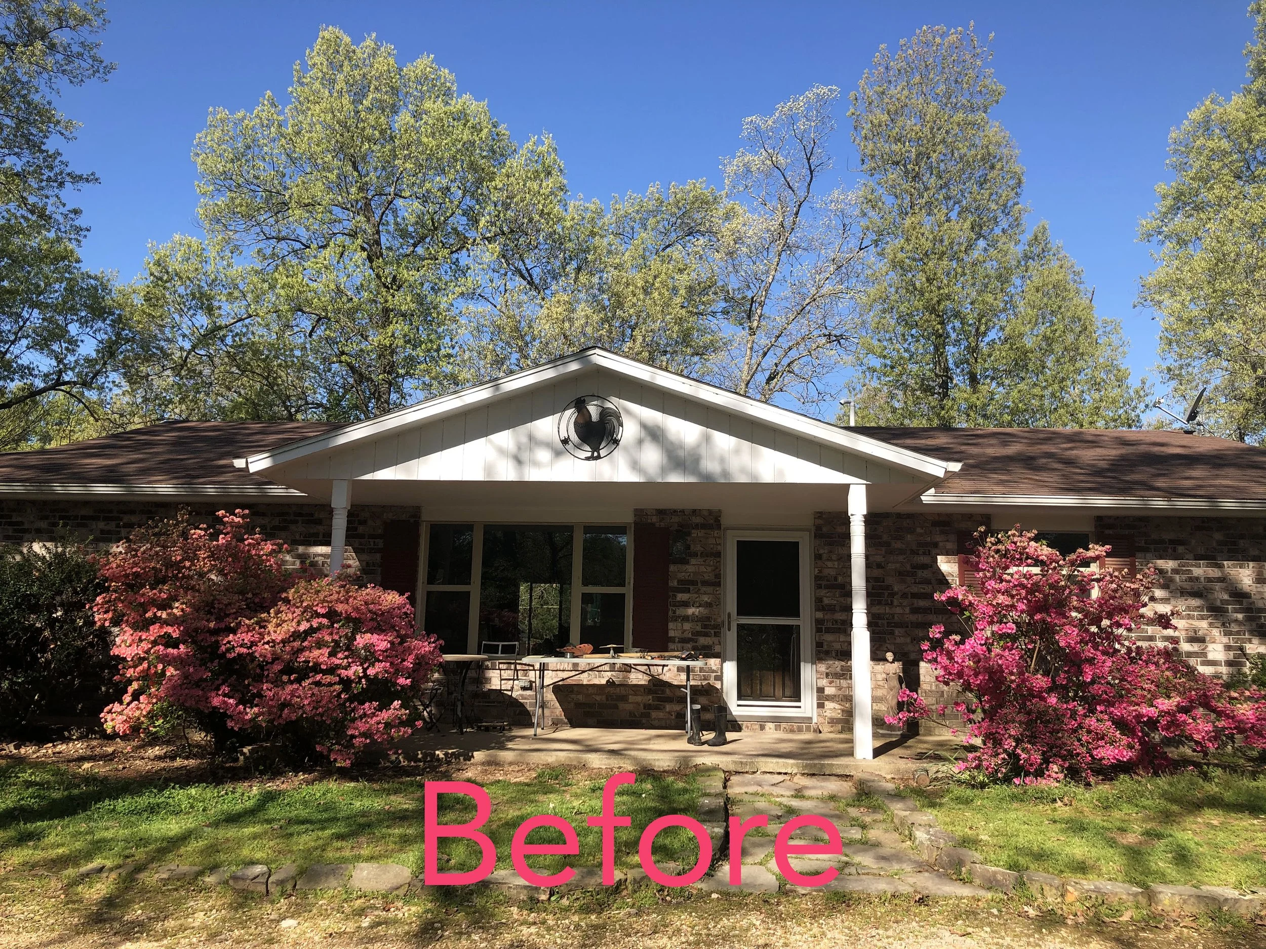 Although lush and colorful at the first sign of Spring, the azaleas in front of the house were taking over the bedroom windows and front porch sitting area. Thin painted aluminum window frames were making the eyes of the house appear "squinty."