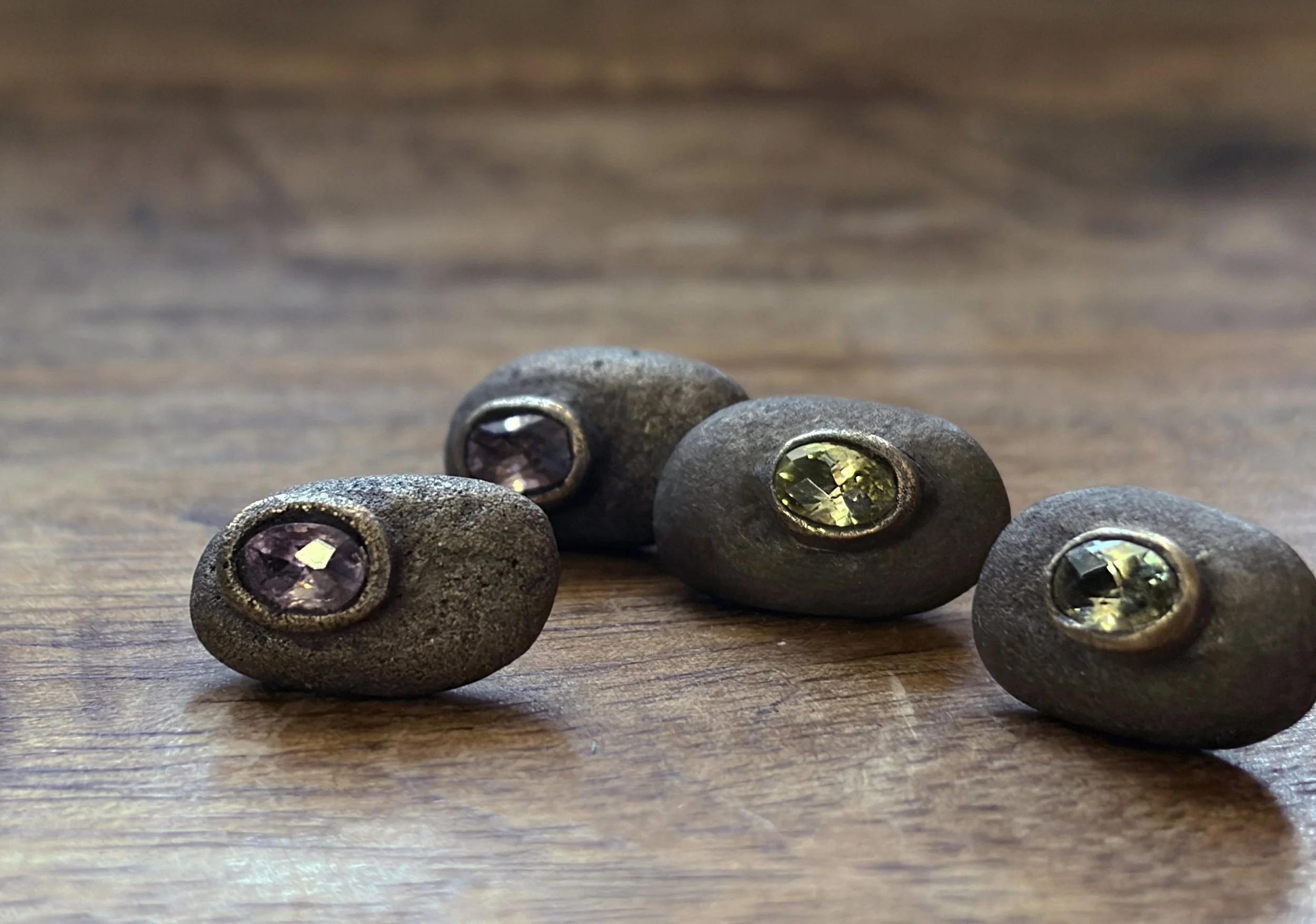 river-rock-stud-earrings-oval-bronze-lavender-yellow-oval-gems-checkerboard-birdley-studio.jpg