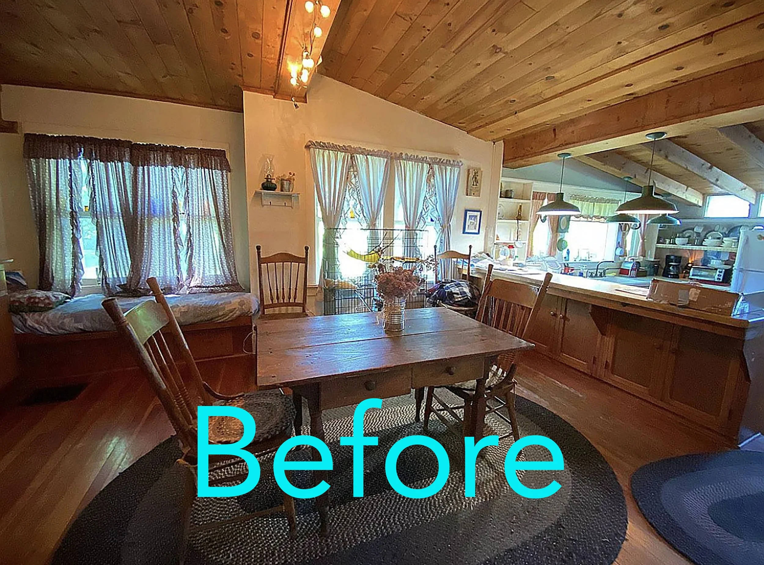Lots of wood, wood types, and yellowed varnish. Clunky hardware and over-painted fixtures. Surrounded by the same aged-varnish color top and bottom.