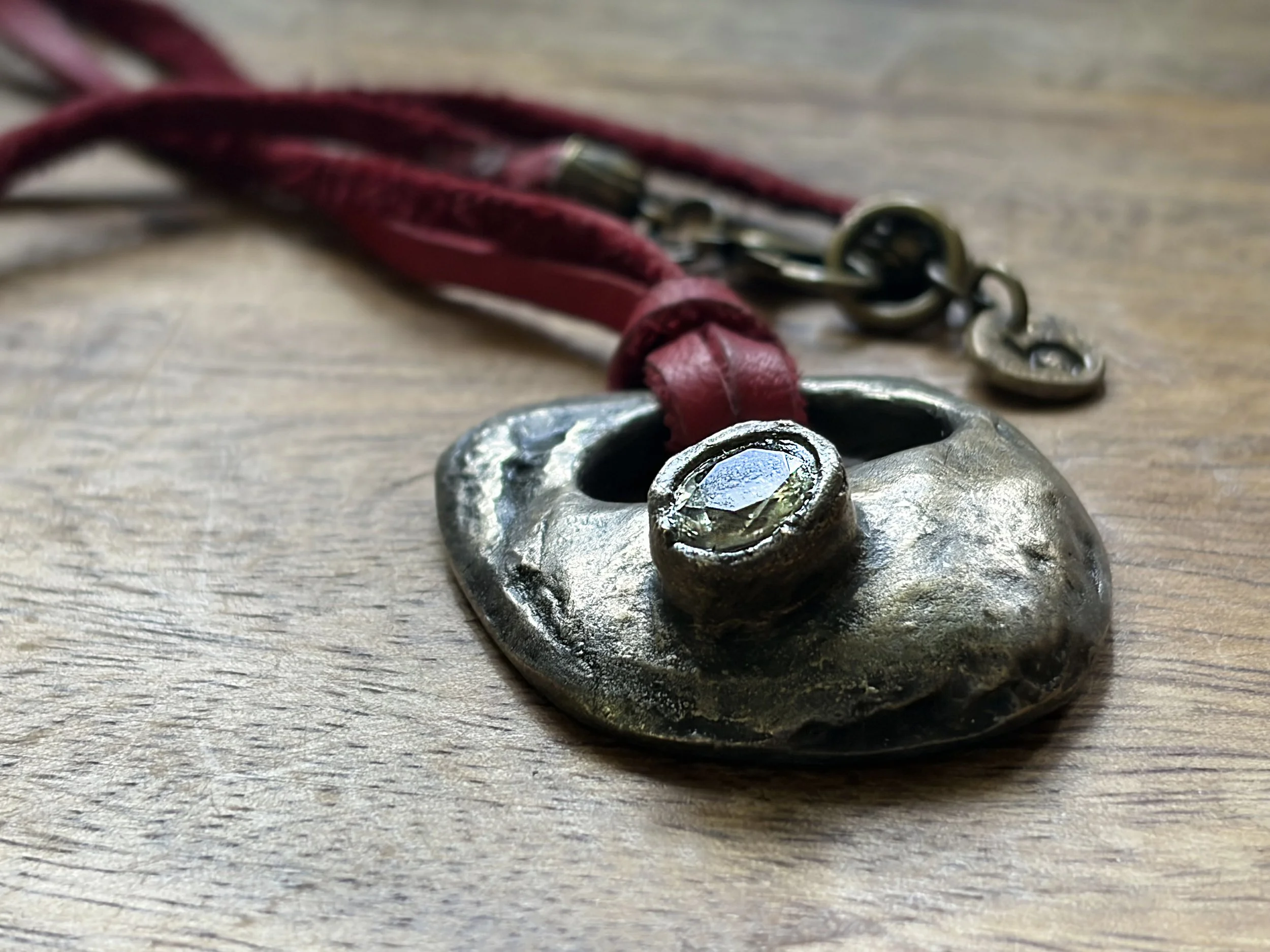 Necklace: Harmony Collection "Erosion" Abstract Necklace in White Bronze with Gemstone on Leather