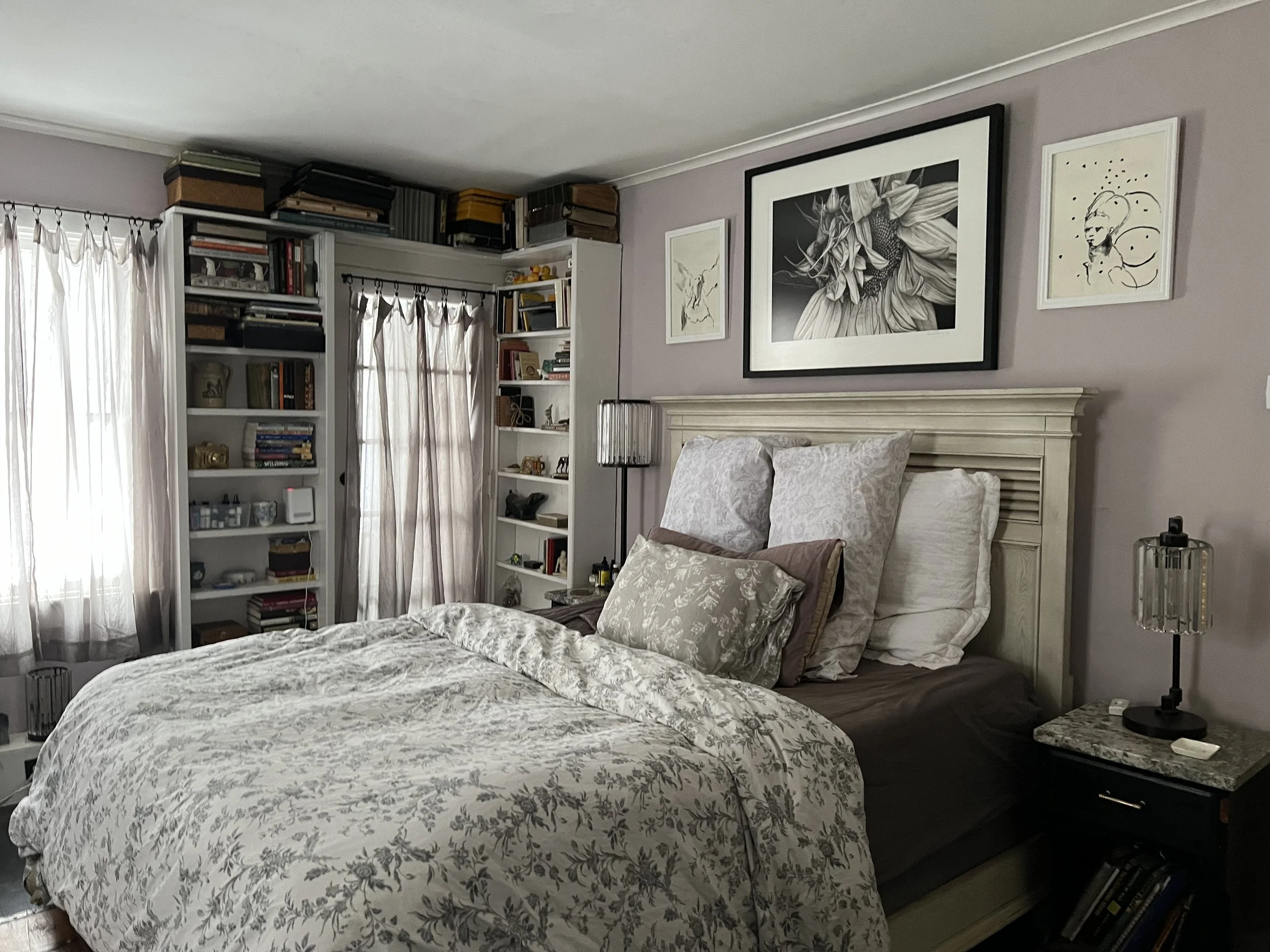 After opening up the room with the removal of heavy shelves looming overhead, plus some electrical work that allowed strange boxes to come off the walls, the Owner's Suite is updated and charming still.