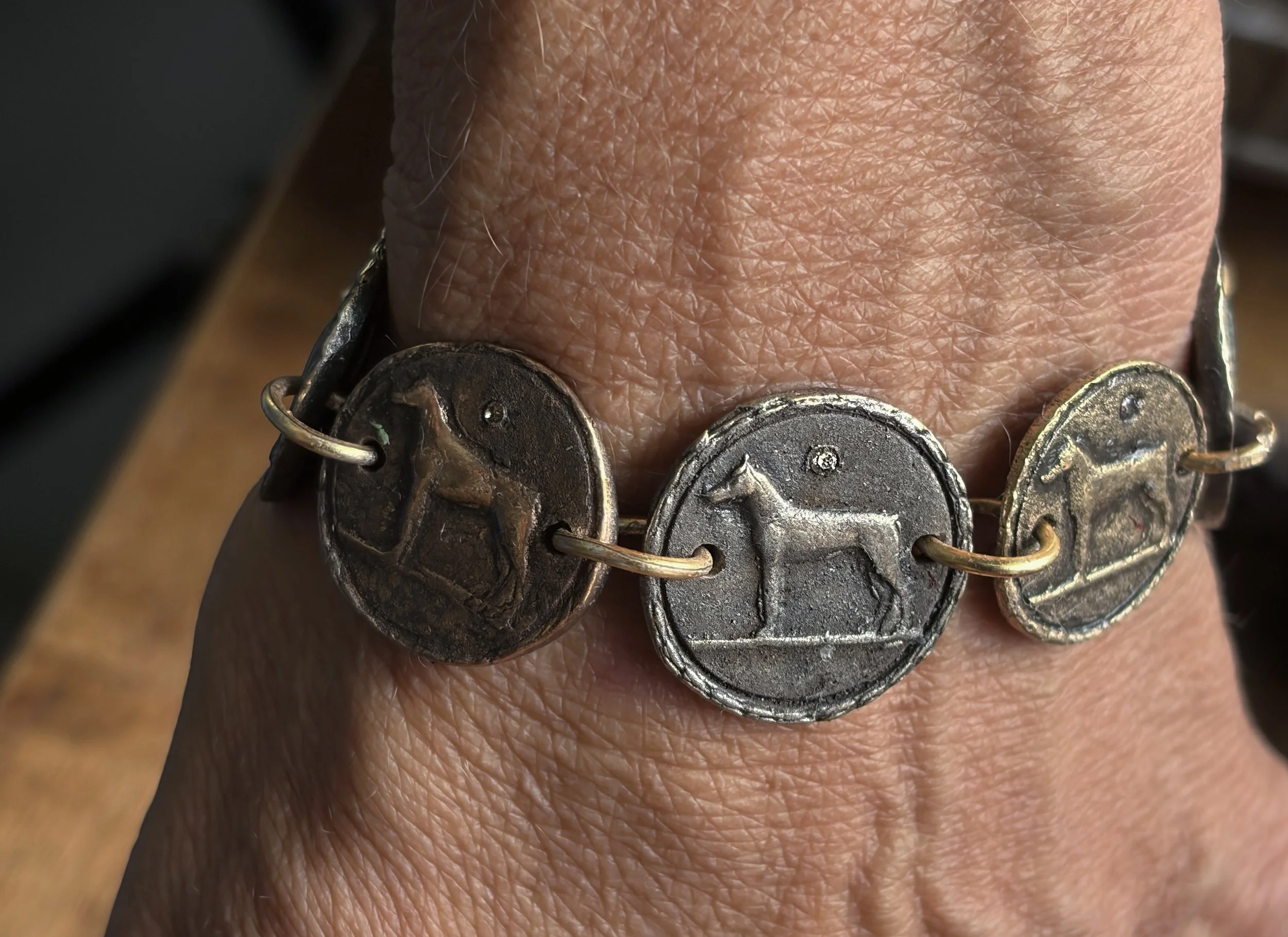 Bracelet: Heirloom Collection "Best In Show" Dog Coins, Tri-Color Bronze and Gemstones