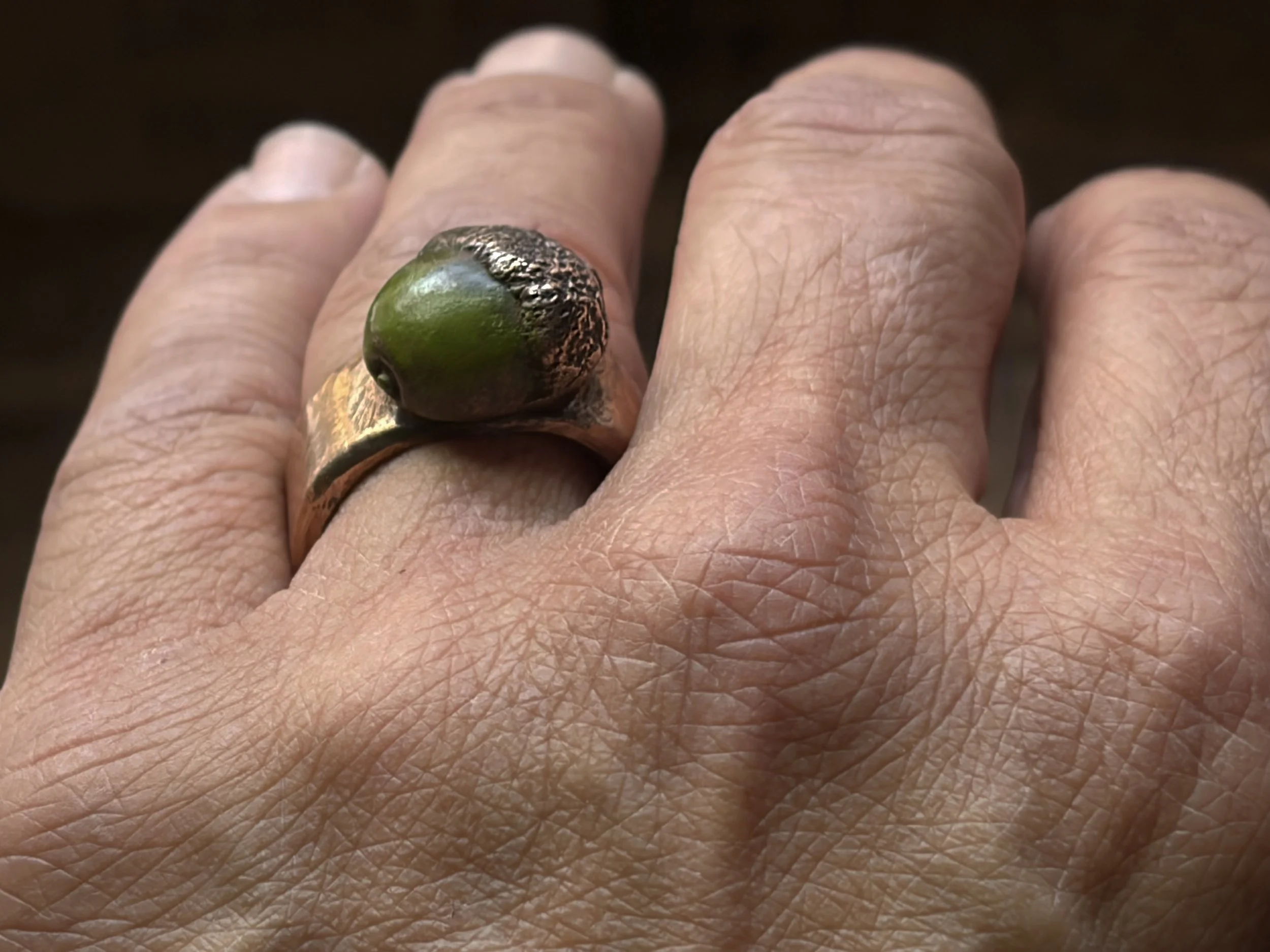 acorn-harmony-collection-ring-bronze-patina-green-worn-angle-birdley-studio.jpg