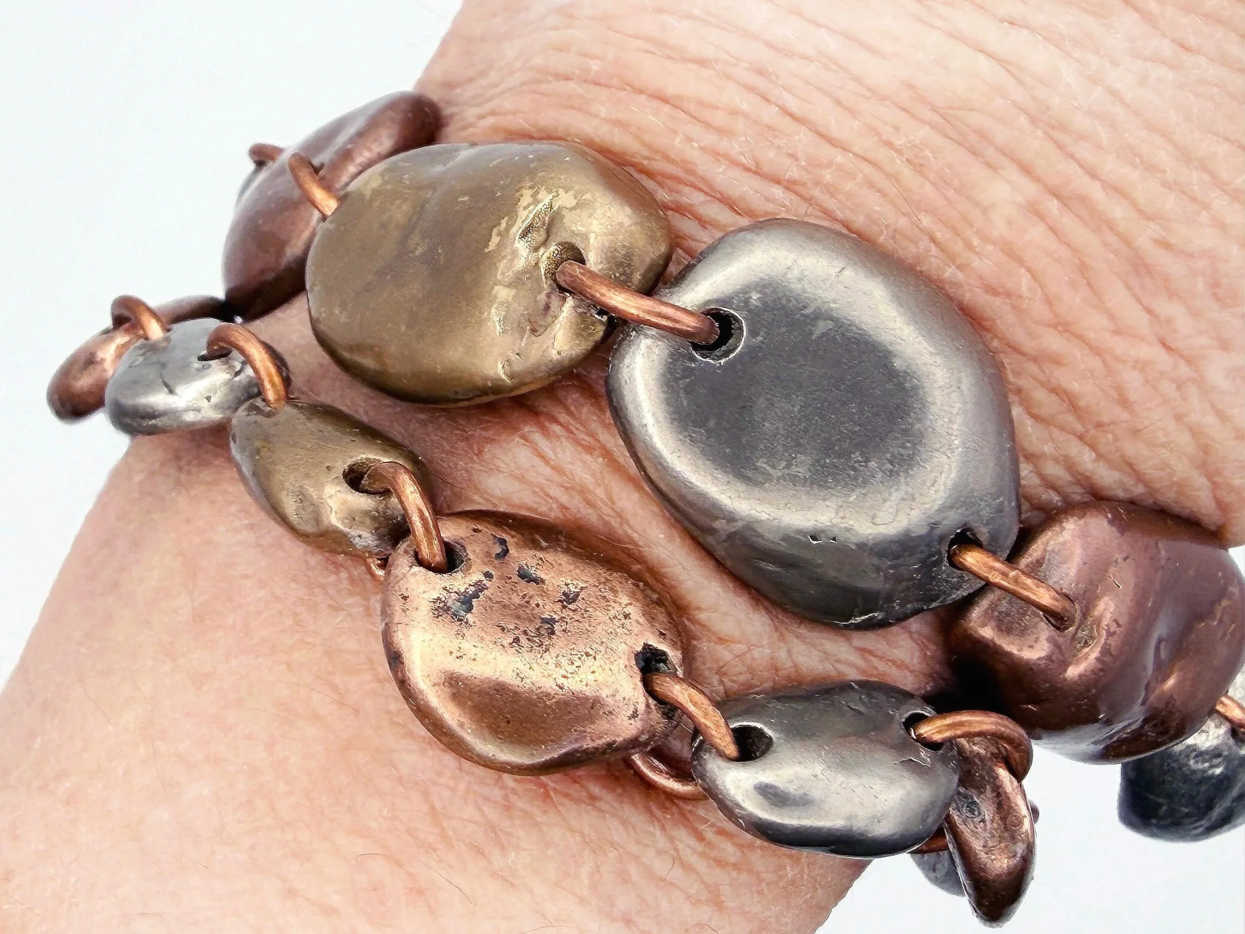 Double Bracelet: Harmony Collection Tricolor Polished River Stones in Bronze, Copper & White Copper