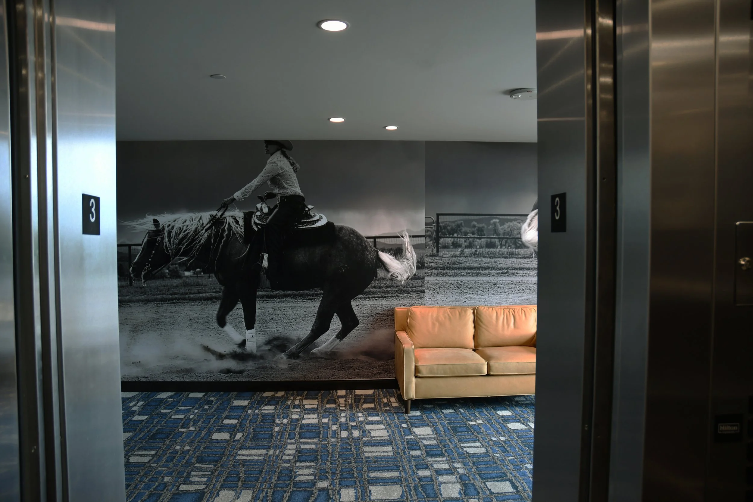 The massive Western-themed mural (at a Western-themed hotel) is impactful as the elevator doors open on the 3rd floor.
