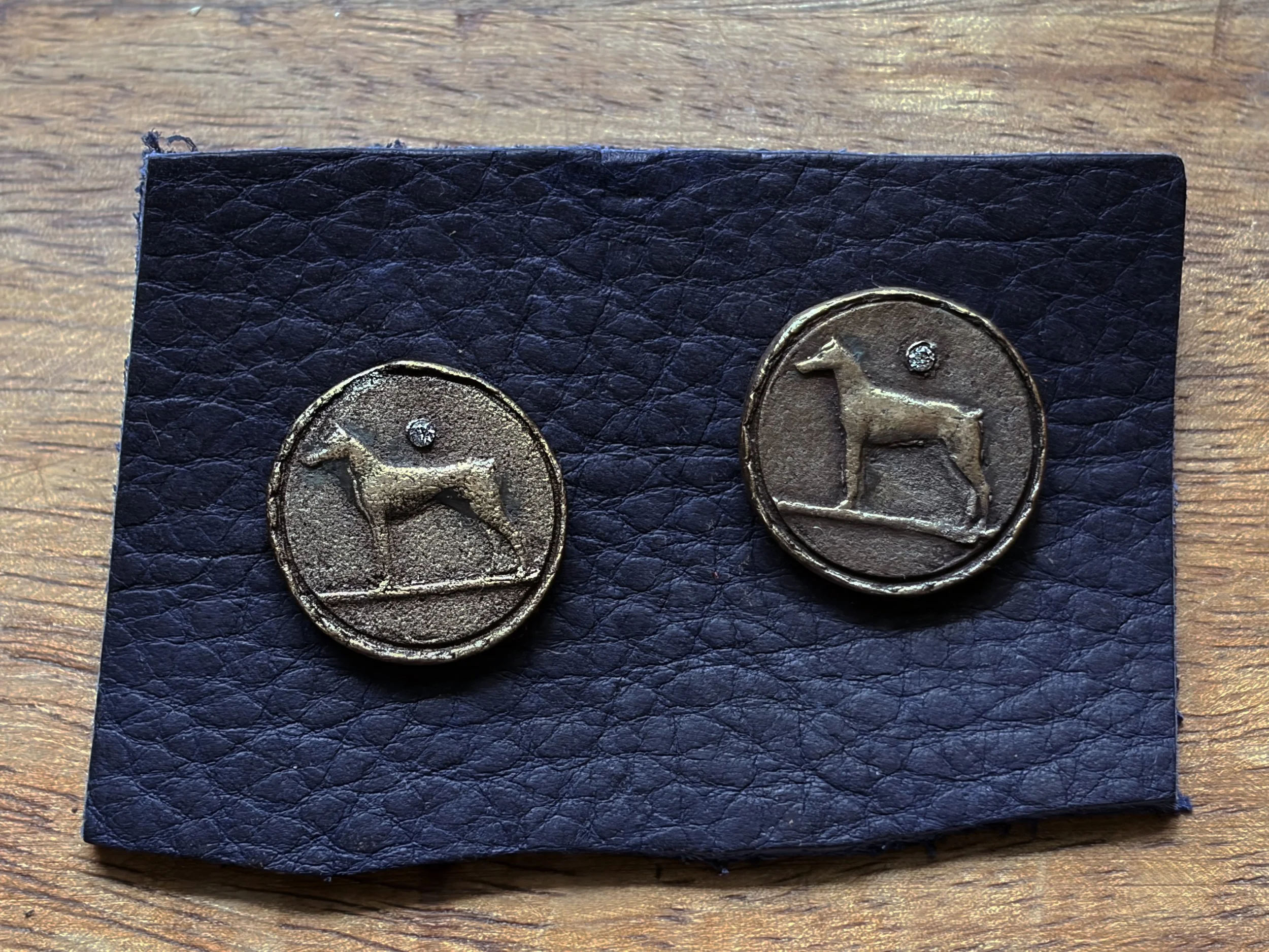 Earrings: Heirloom Collection "Best-in-Show" Dog Coin-Style Studs in Bronze with Embedded Gemstones