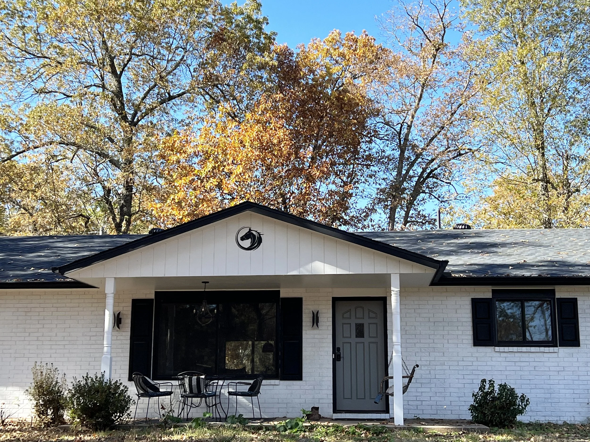This is the completed front entrance to the 1970s Hobby Farm project. Upgrading the windows from almond-coated aluminum to luxurious modern ones is a game-changer. And there is so much more.