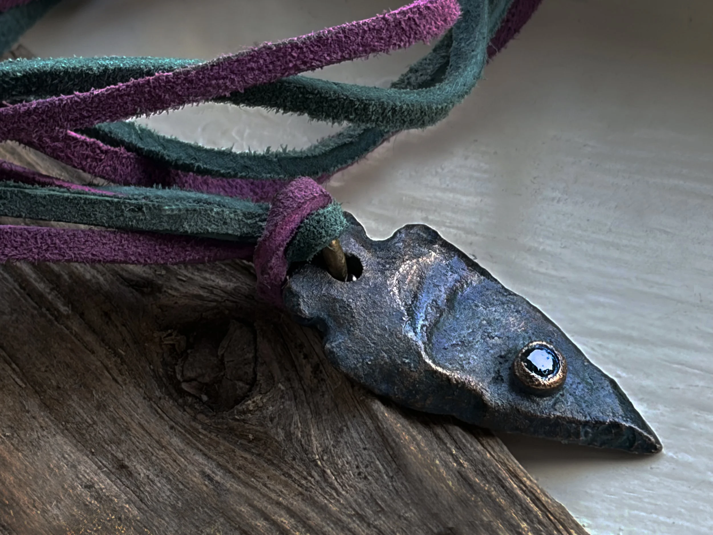 Necklace: Heirloom Collection "Unity" Arrowhead, Bronze with Gemstone on Suede