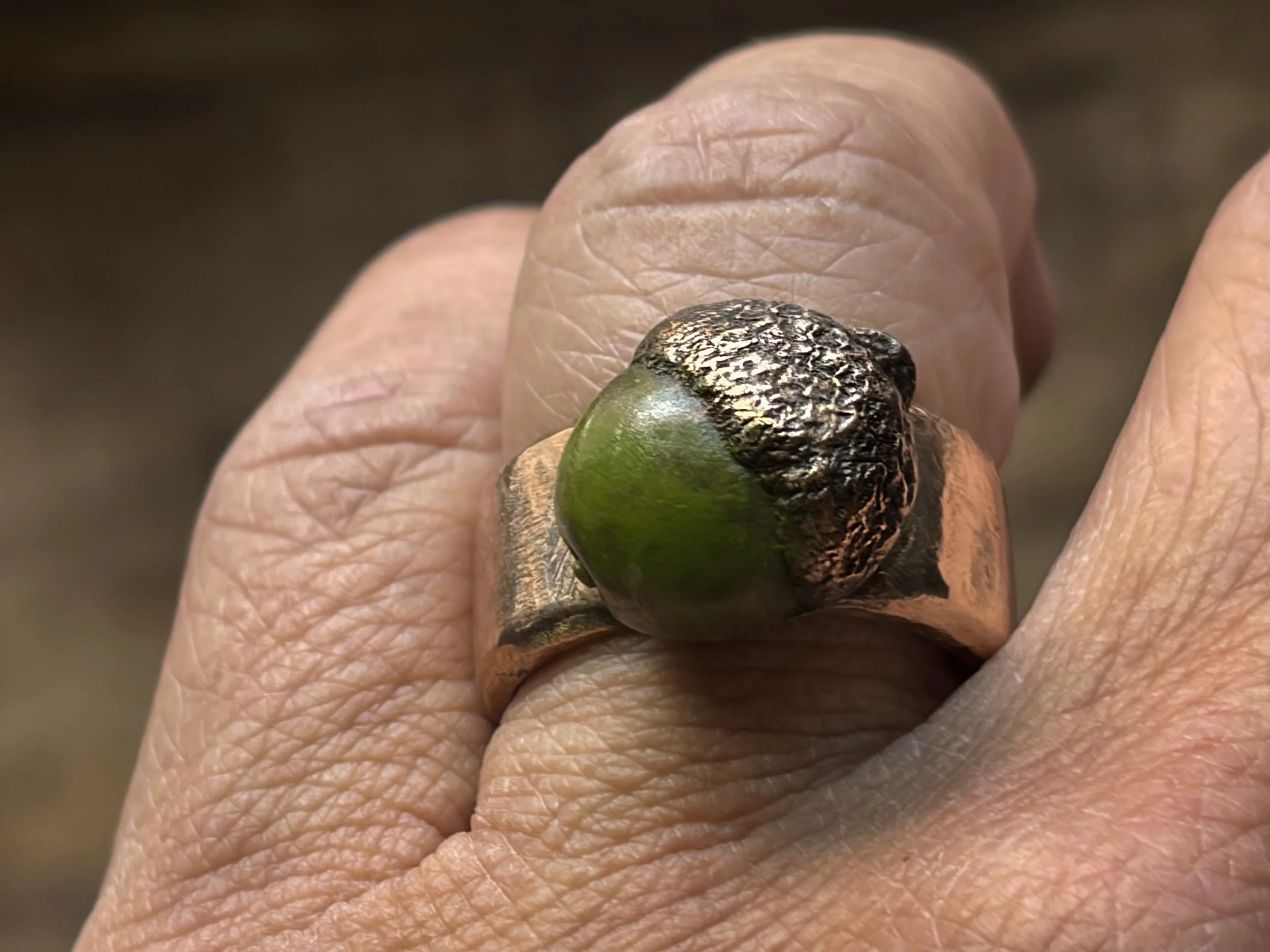 Ring: Harmony Collection "Perseverance" Acorn in Bronze with Patina Green, Custom Made to Size