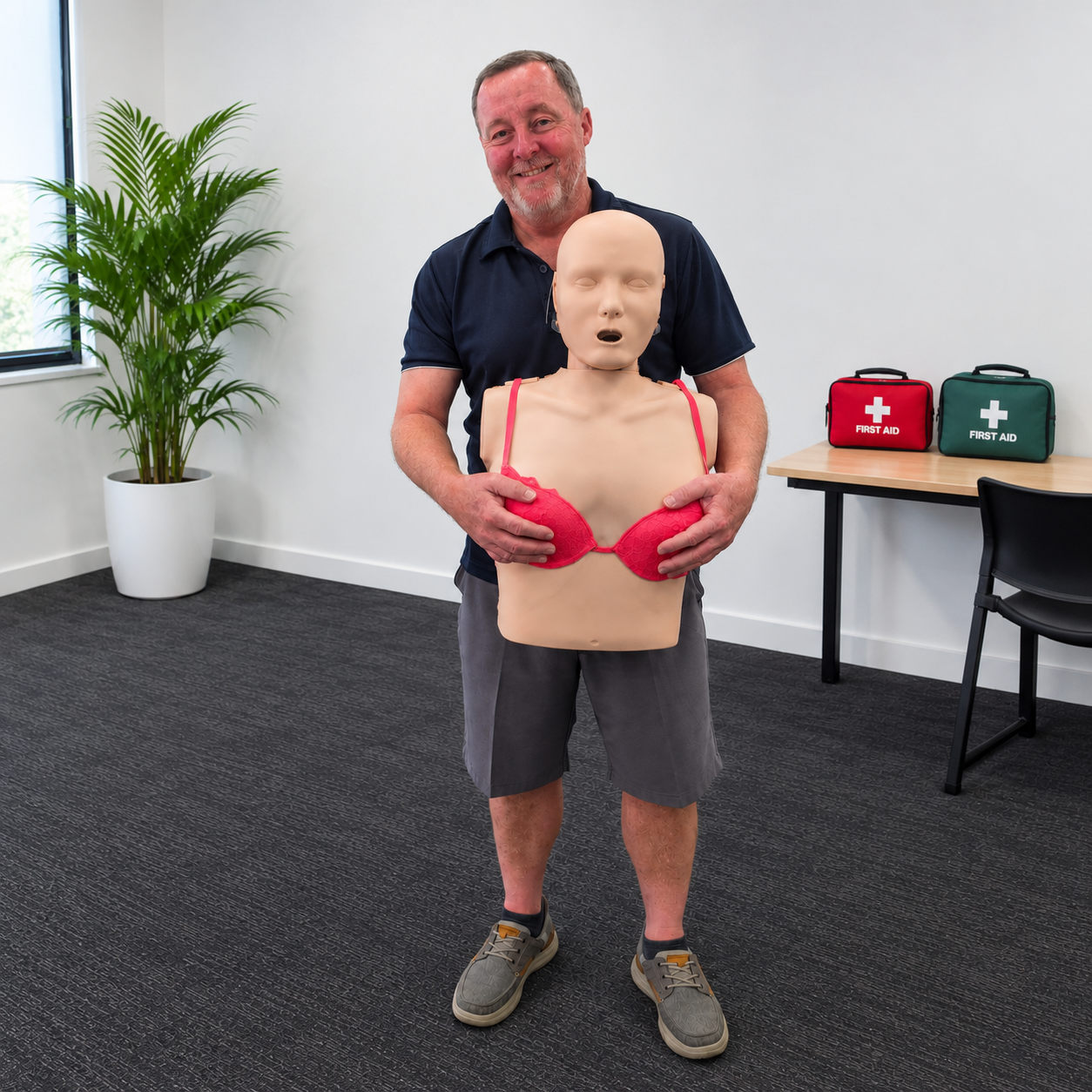Person practicing CPR on a training mannequin with a focus on chest compressions on a wooden floor.