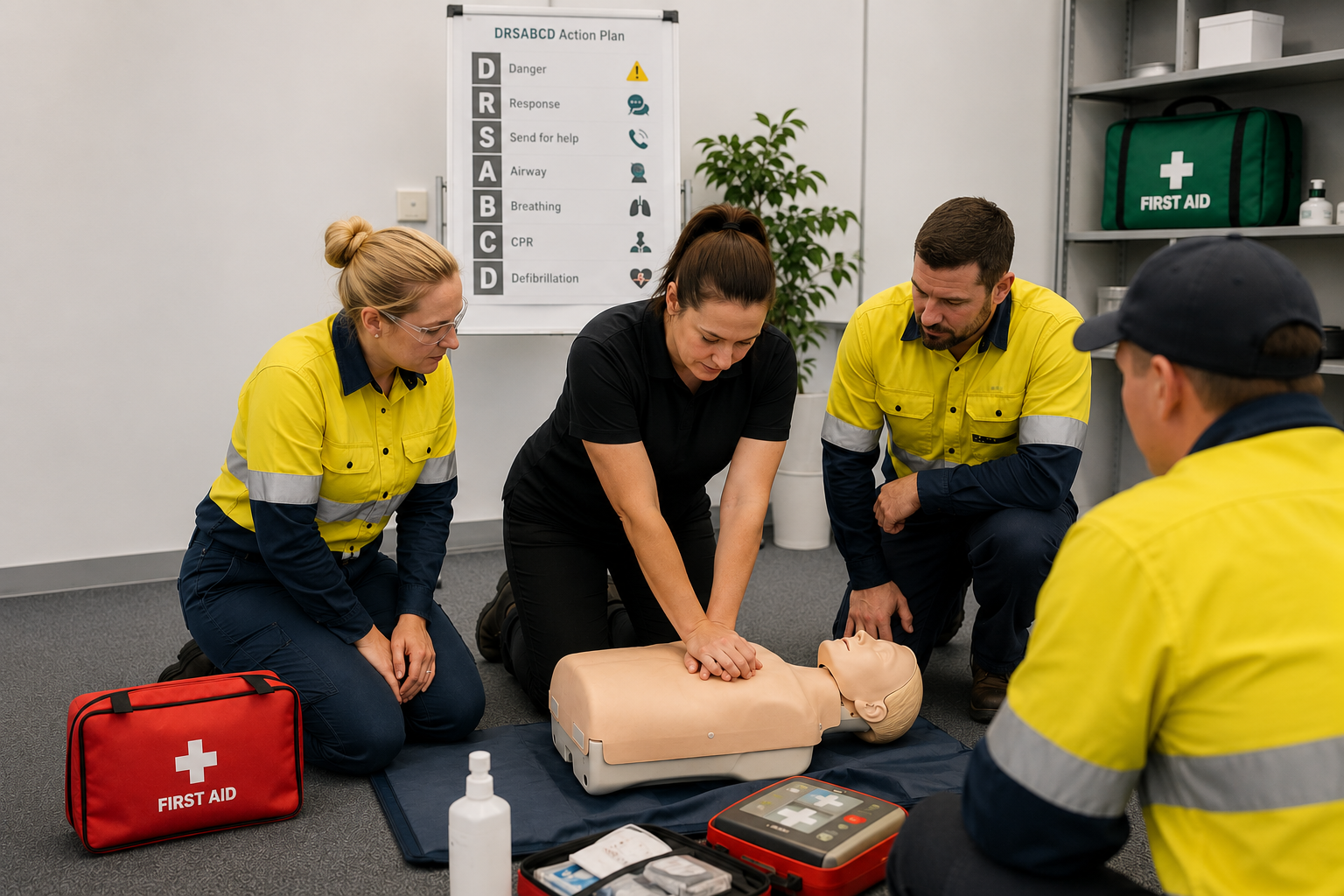 A group of four people practicing CPR on a training manikin in a first aid training session, with medical supplies and an action plan poster in the background.