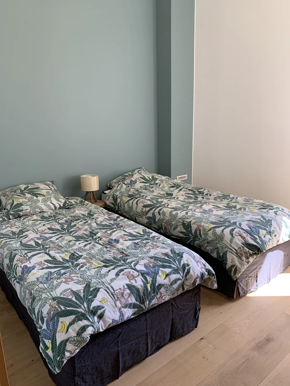 Seconde chambre du gîte avec deux lits simples et mur vert