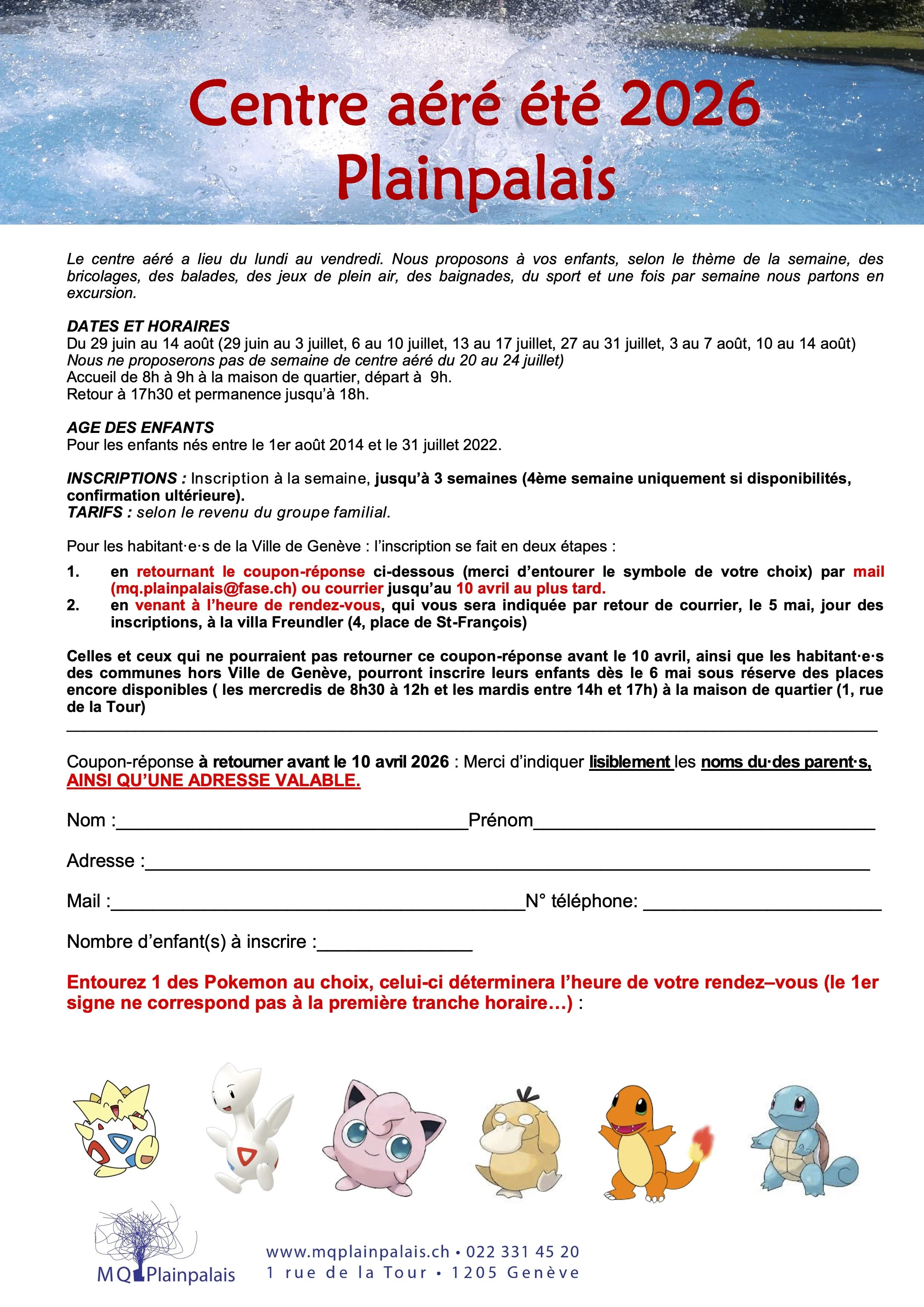 inscription centre aéré Plainpalais