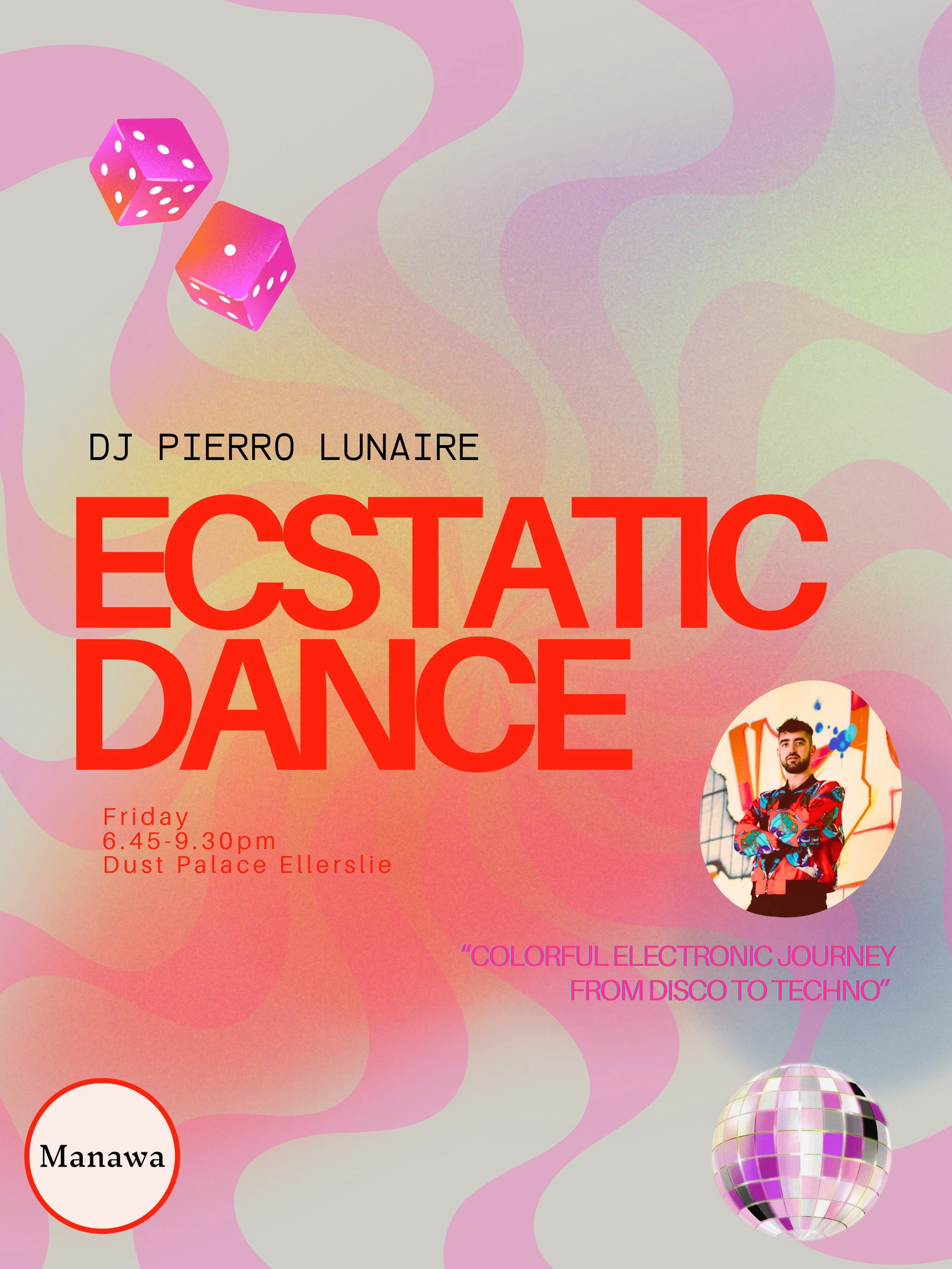 ✨ MANAWA ECSTATIC DANCE &bull; 15 MAY ✨
📍 Dust Palace 

Join us for another vibrant evening of movement, connection, and sound.
Featuring DJ Pierro Lunaire and his colourful electronic dance journey from disco to techno. 

Cacao Lounge opens 6PM
Ope