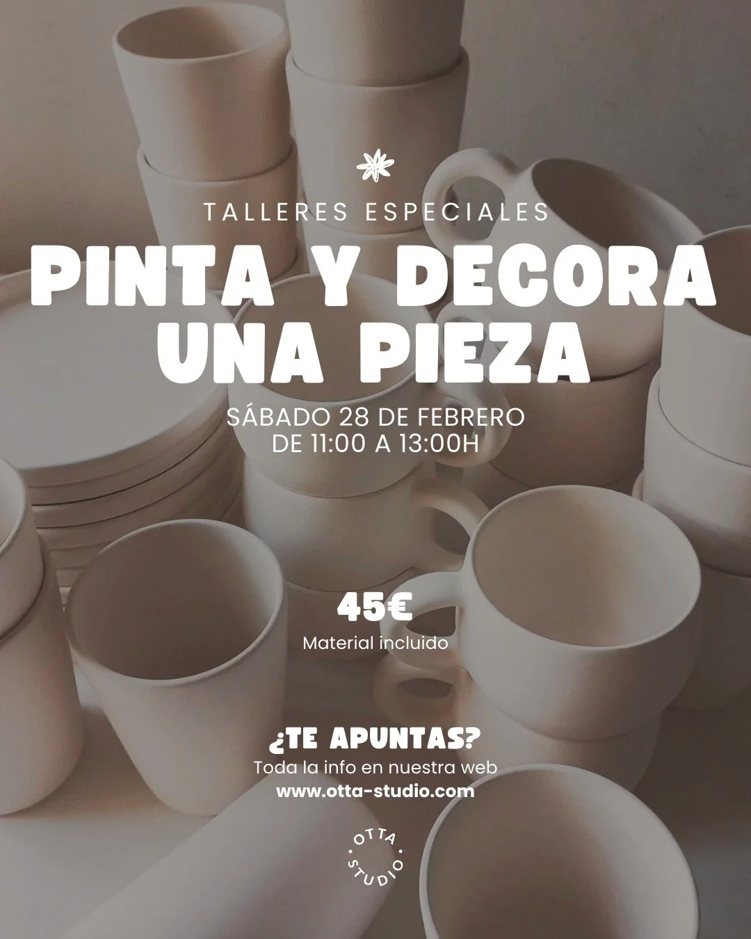 PINTA Y DECORA UNA PIEZA 🎨
&iexcl;Despierta tu creatividad en nuestro taller de cer&aacute;mica! En solo dos horas, podr&aacute;s dise&ntilde;ar y pintar con esmaltes tu propia pieza a elegir entre una taza, vaso, cuenco, servilletero o plato. &iexc