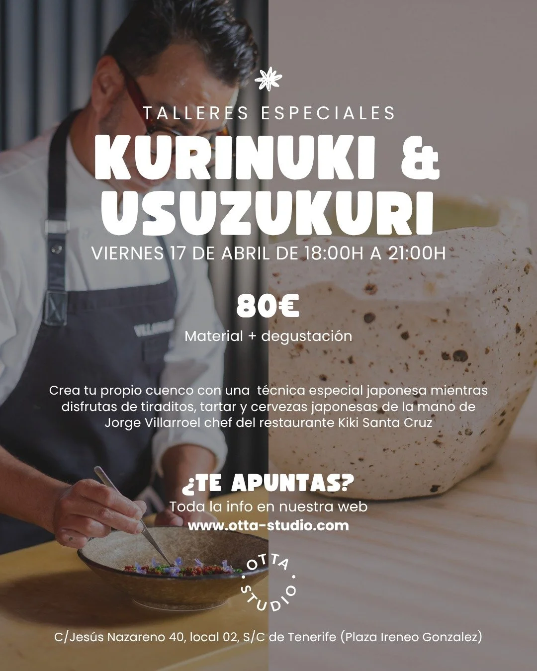 📅 Kurinuki &amp; Usuzukuri x Jorge Villarroel - 17 de Abril 

🏺 Kurinuki:  t&eacute;cnica japonesa de esculpir desde un bloque s&oacute;lido de gres. Texturas, marcas, belleza imperfecta. Cada pieza, &uacute;nica.
🍣 De la mano del chef Jorge Villa