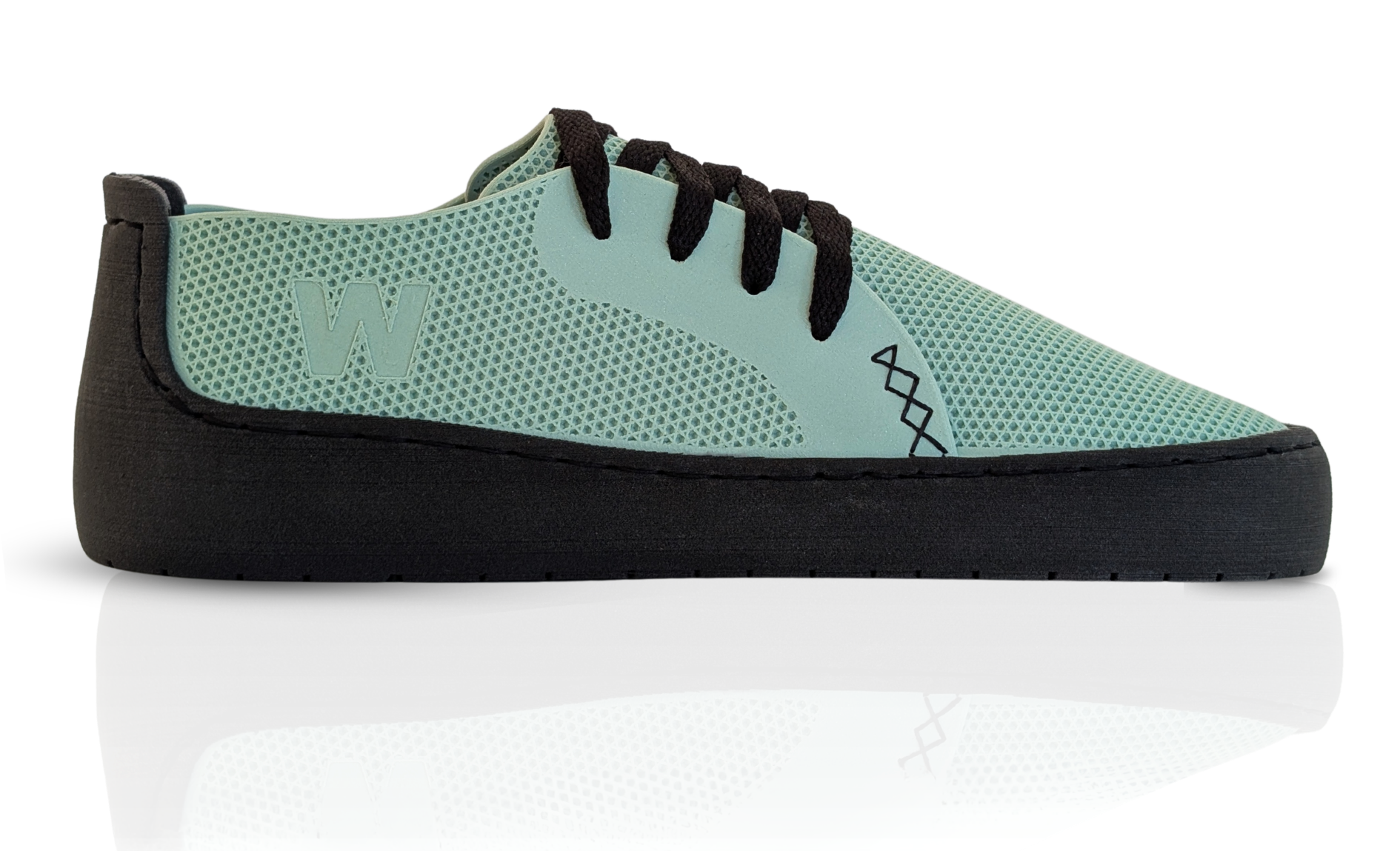 Side profile of a light green METIS shoe. A normal-looking, ready-to-sell 3D-printed design for shops and boutiques with zero inventory risks.