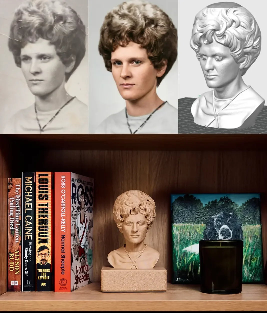 A workflow demonstration showing an original photo transformed into a digital 3D model and then into a finished 3D-printed bust, illustrating an automated digital manufacturing process for physical products.