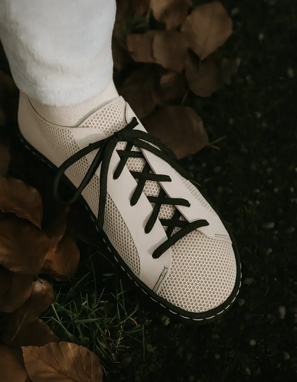Top-down view of the METIS 3D printed sneaker worn on foot, illustrating the market-ready product quality available to brands joining the sustainable manufacturing seller waitlist.