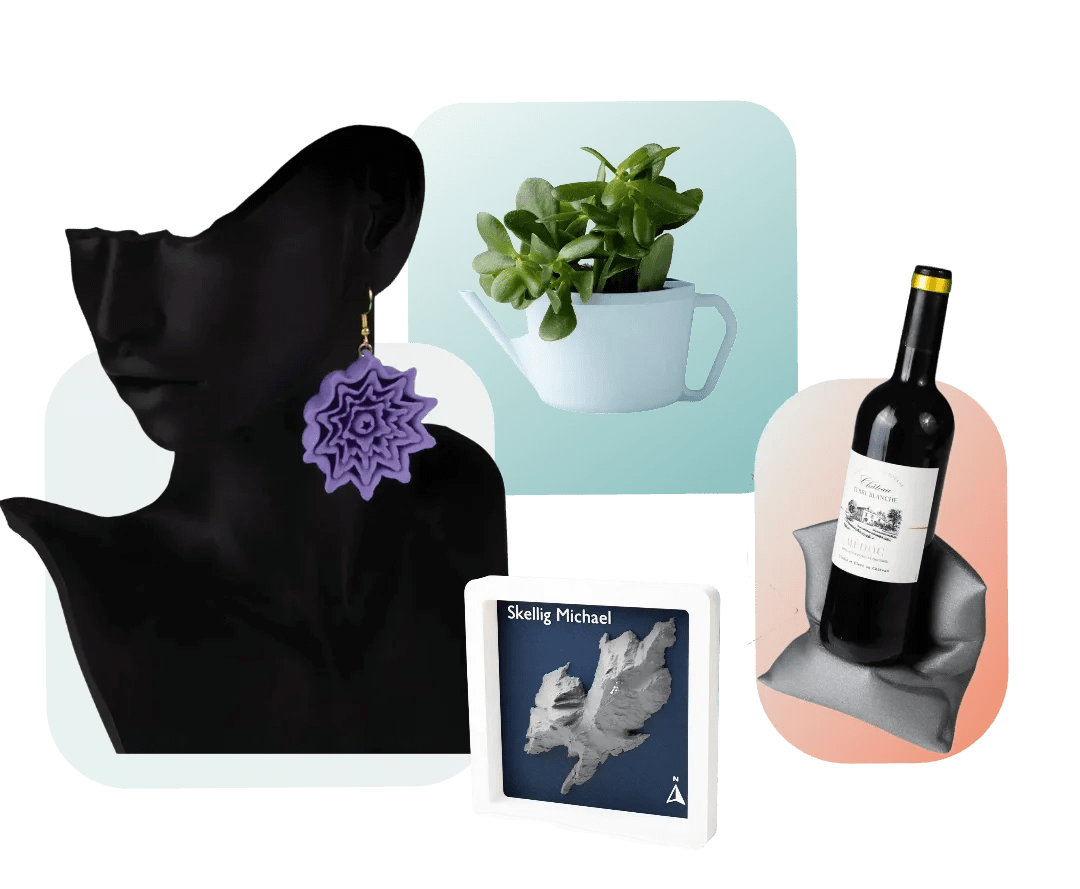 Collection of 3D printed products including jewelry and homeware from the WAZP+ ready-to-sell design catalogue