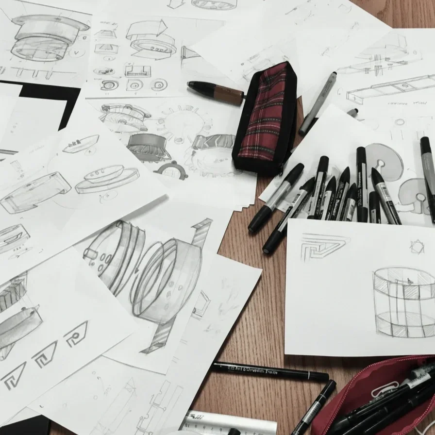 Technical sketches of complex product geometries, illustrating design freedom with no tooling costs