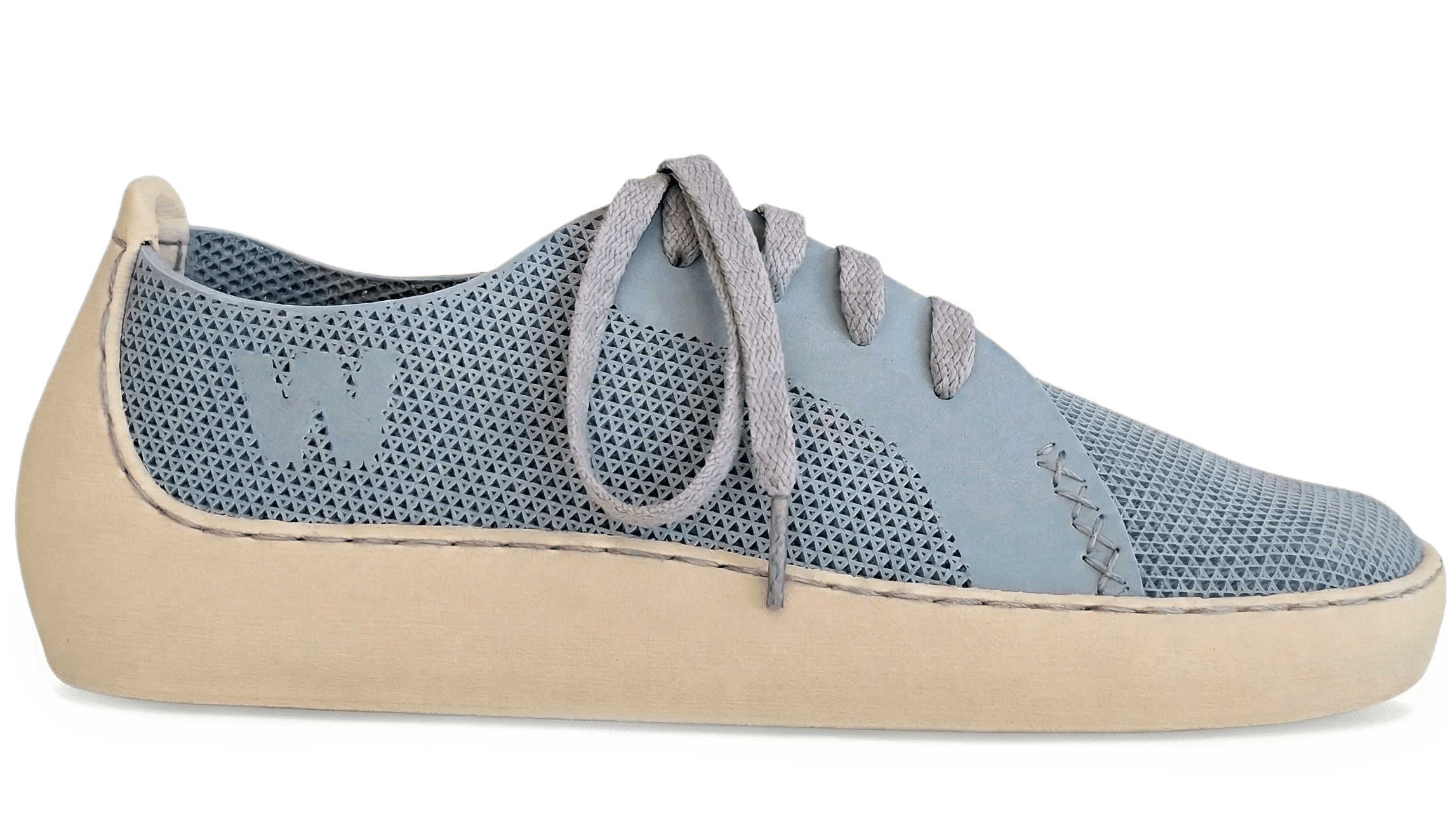 Chaussure METIS bleue illustrant le système de fabrication modulaire de WAZP. L'image met en avant l'assemblage cousu EasyStitch et le design classique d'une sneaker imprimée en 3D.