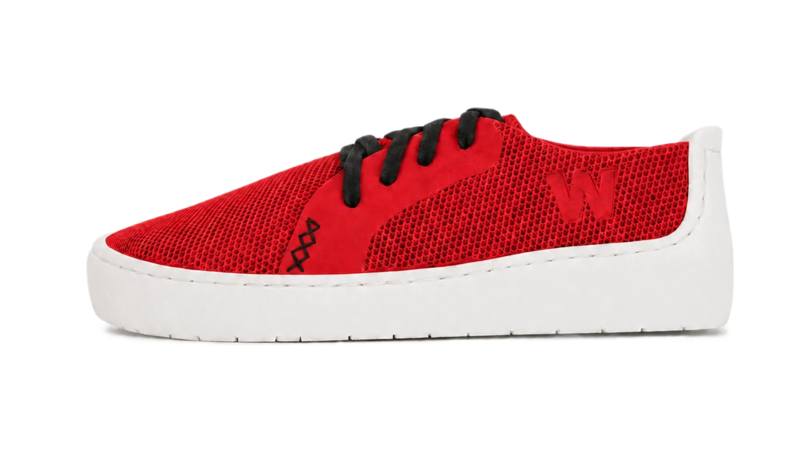 METIS modular 3D printed sneaker in red and white — sustainable on-demand shoe production for brands, no inventory, fully customisable components