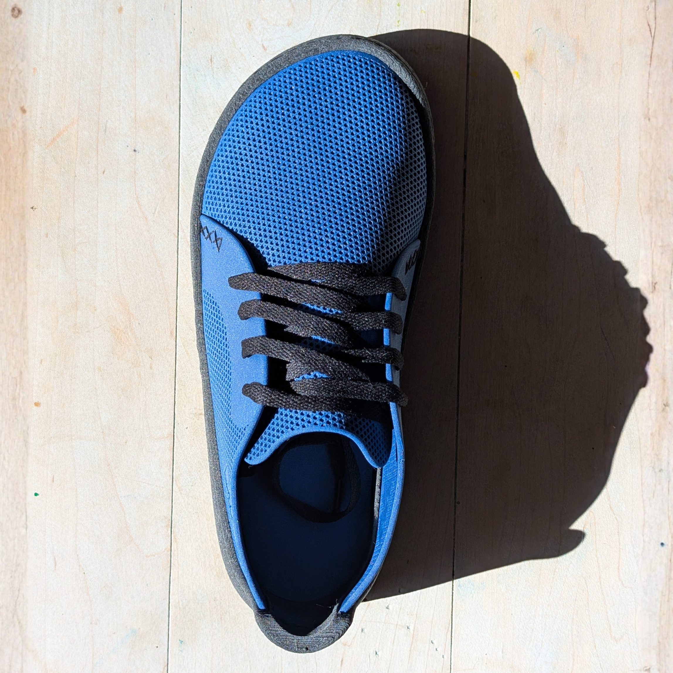Top-down view of a cobalt blue METIS sneaker. Commercially viable, on-demand footwear for sustainable retail with no MOQs.