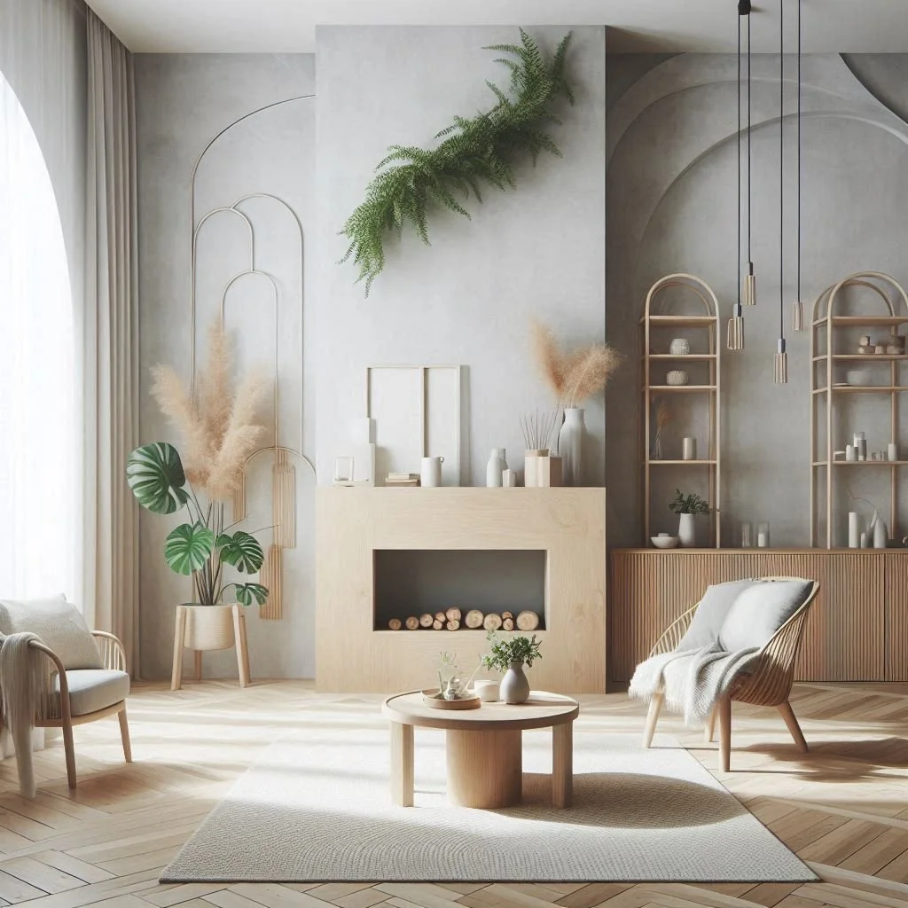 Beautiful sustainable light room with wooden decor and furniture WAZP