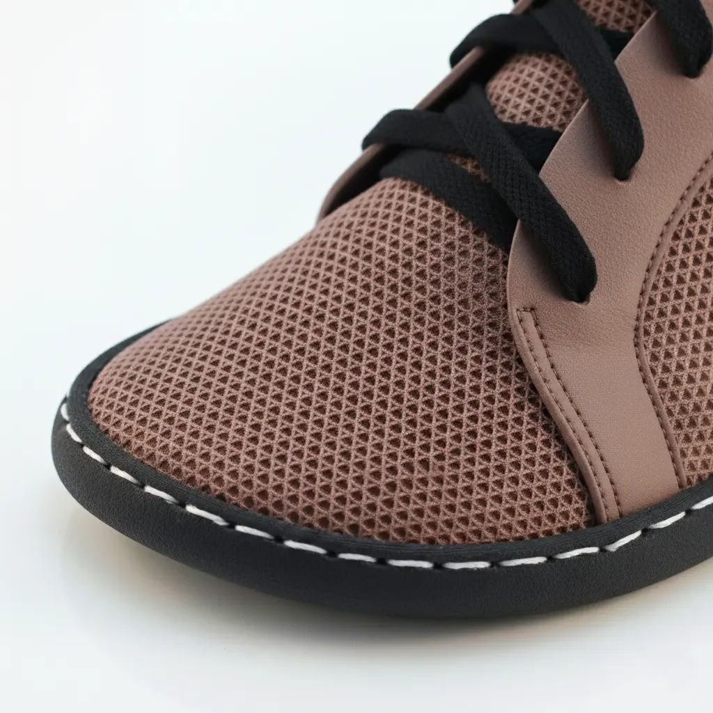 Close up of EasyStitch glue free assembly on the METIS shoe, enabling circular manufacturing and zero-waste recycling.