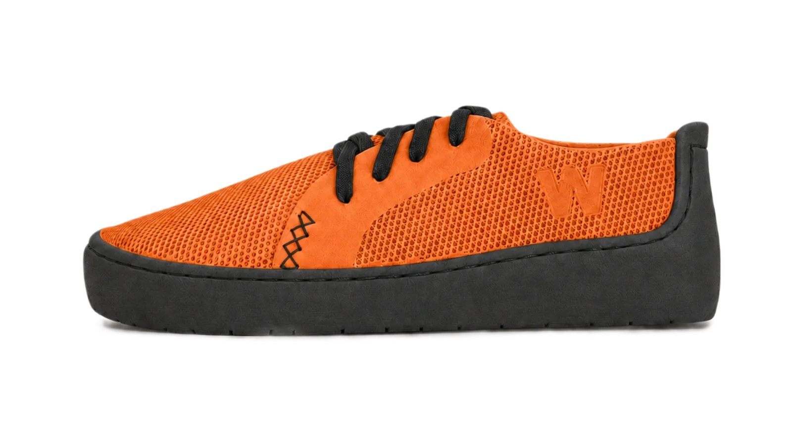 METIS modular 3D printed sneaker in orange and black — no-stock footwear manufacturing for European retailers, zero minimum order quantity