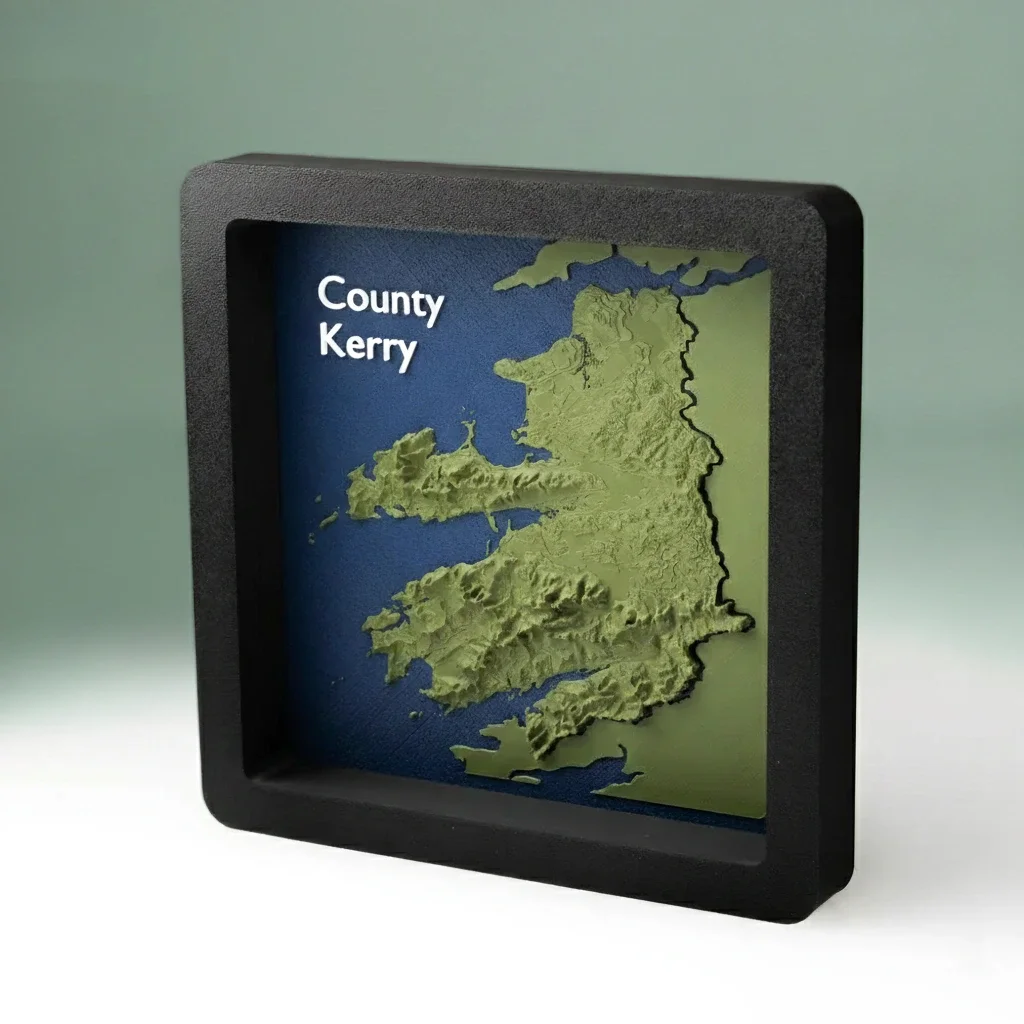 3D printed topographic County Kerry map in black frame, showing high-detail additive manufacturing for homeware brands