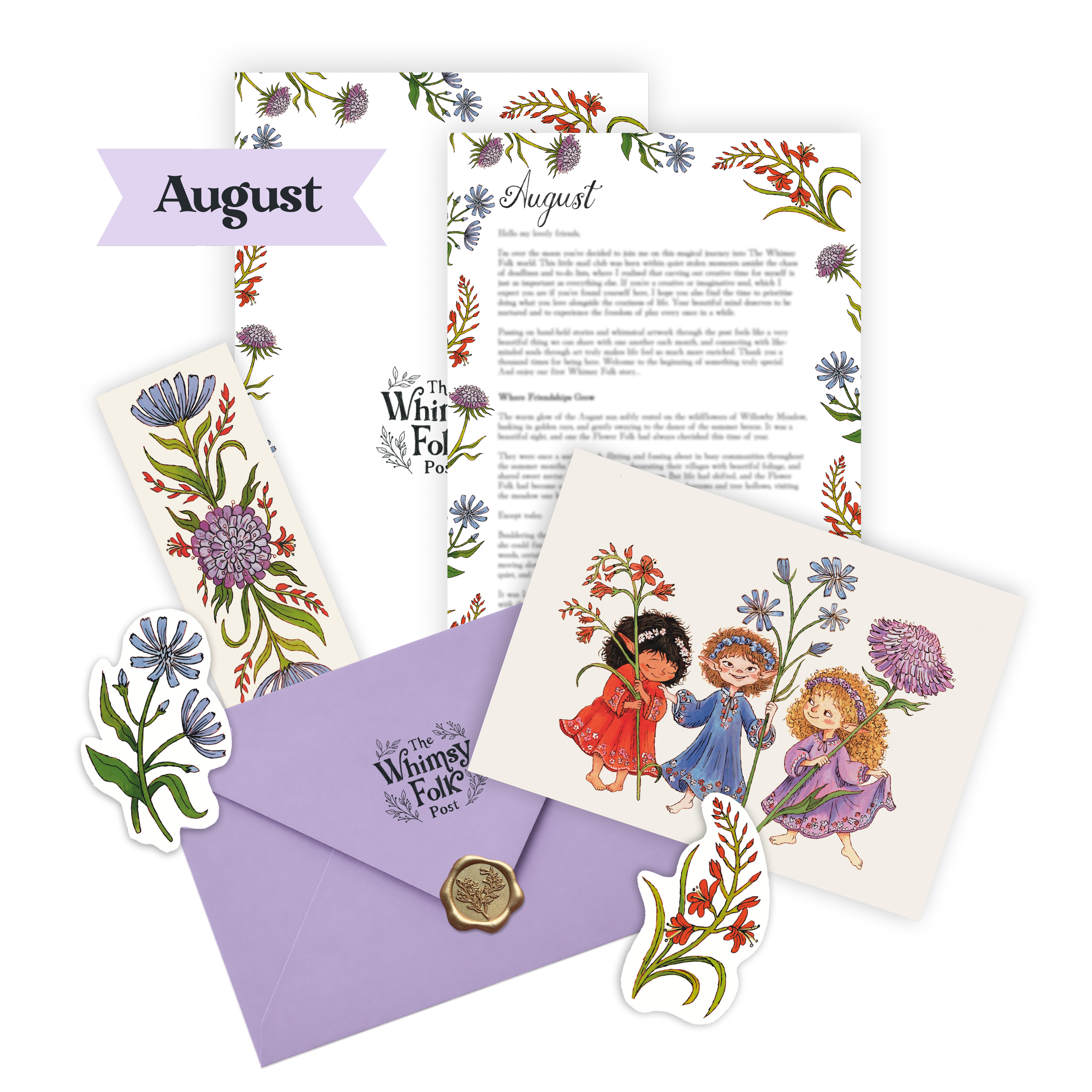 A collection of postcards adorned with illustrated flowers, one featuring children holding hands, with October and August themed text and decorative seals, all arranged on a purple envelope.
