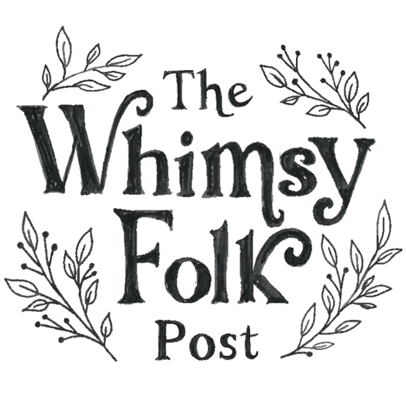 Logo for The Whimsy Folk Post featuring whimsical handwritten-style text surrounded by illustrated leaves